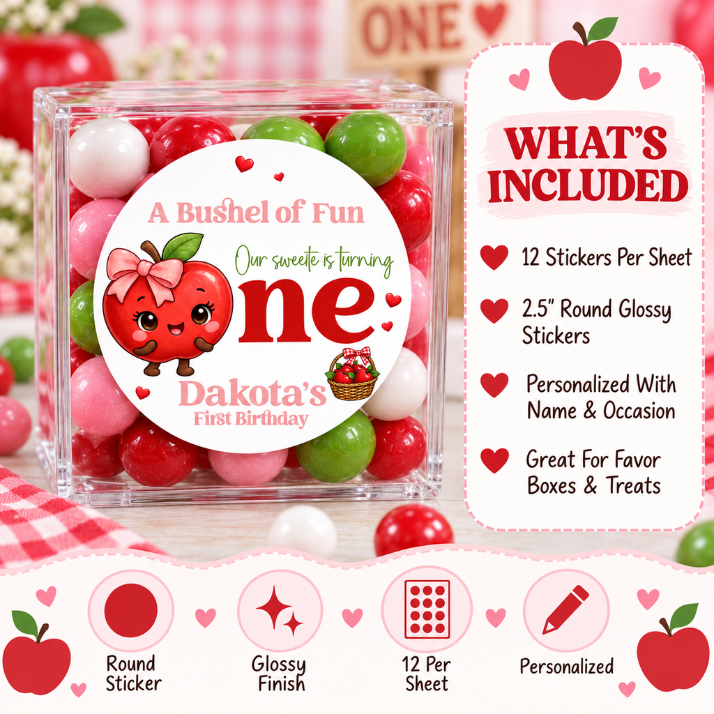 A Bushel of Fun Apple Theme Stickers | Personalized Fall First Birthday Party Labels