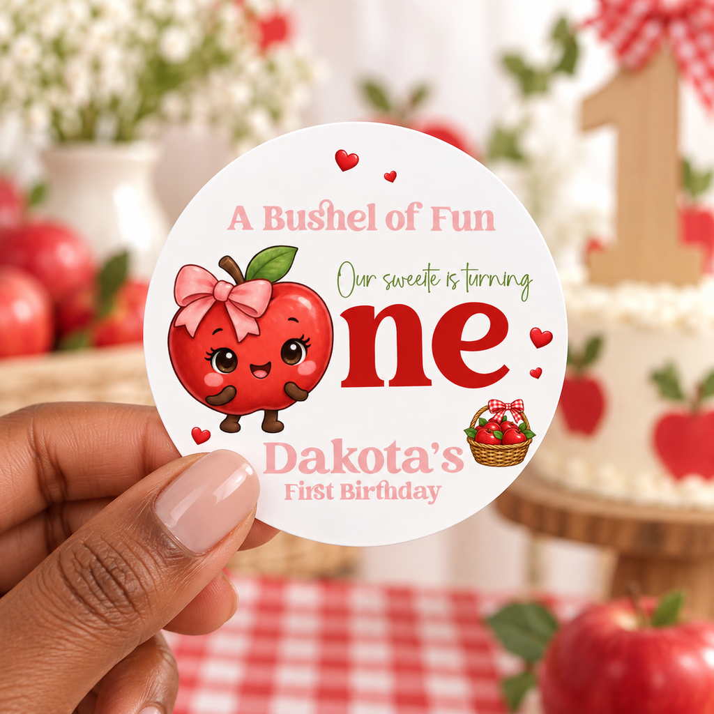 A Bushel of Fun Apple Theme Stickers | Personalized Fall First Birthday Party Labels