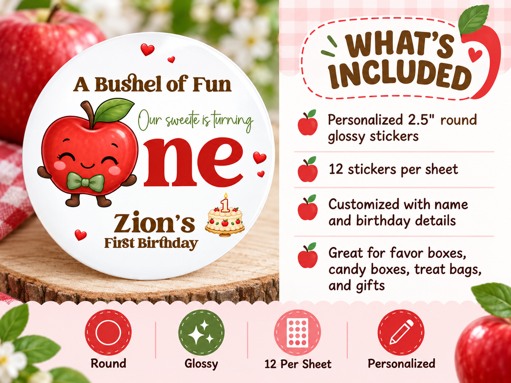 A Bushel of Fun Apple Theme Stickers | Personalized Fall First Birthday Party Labels