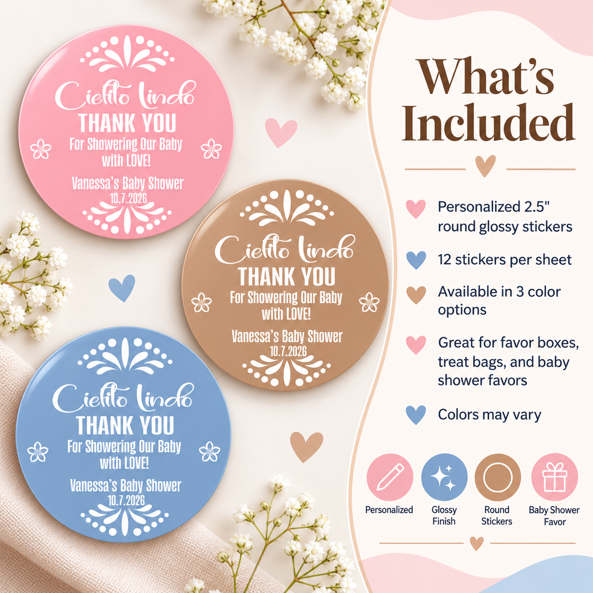 Cielito Lindo Baby Shower Stickers | Personalized Fiesta Party Favor Labels