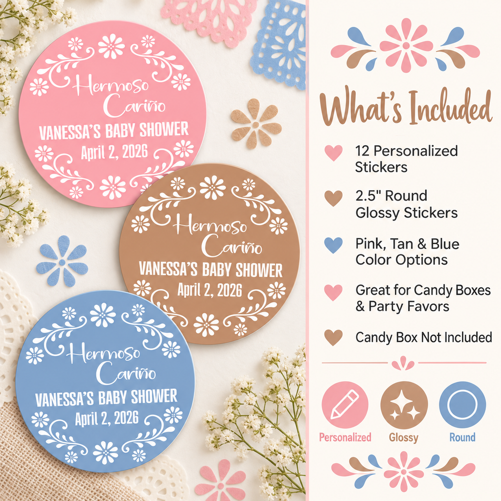 Hermoso Cariño Baby Shower Stickers | Personalized Fiesta Themed Party Favor Labels