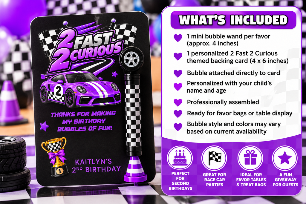 2 Fast 2 Curious Mini Bubble Wand Party Favor | Personalized Race Car 2nd Birthday