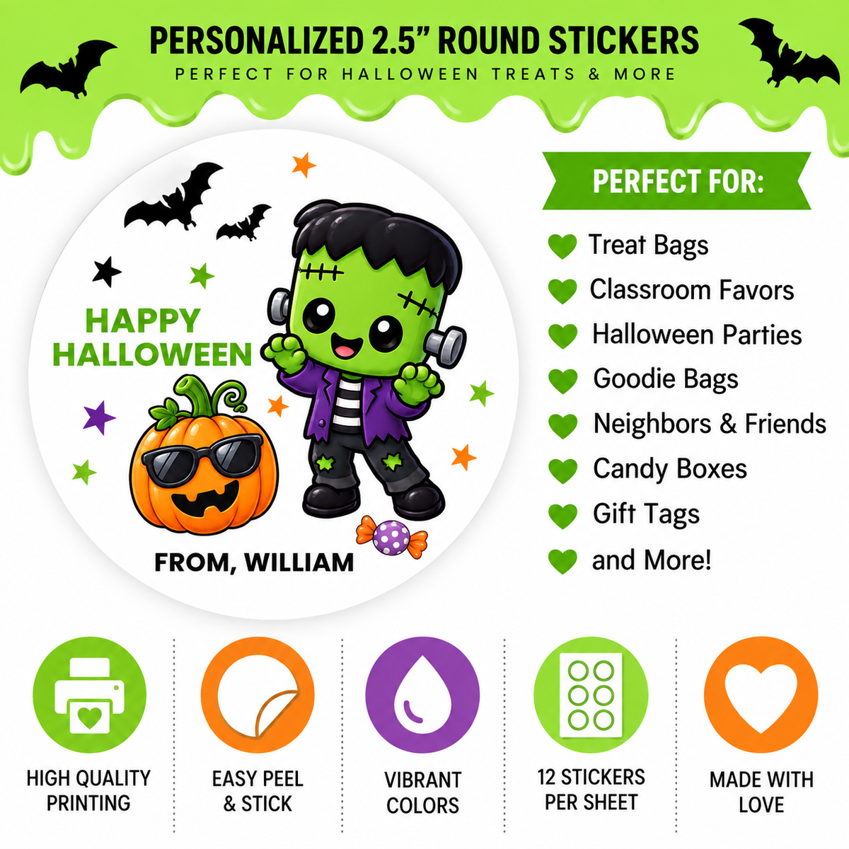 Frankenstein Halloween Stickers | Personalized Kids Treat Bag Party Favor Labels