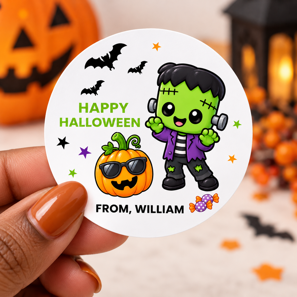 Frankenstein Halloween Stickers | Personalized Kids Treat Bag Party Favor Labels