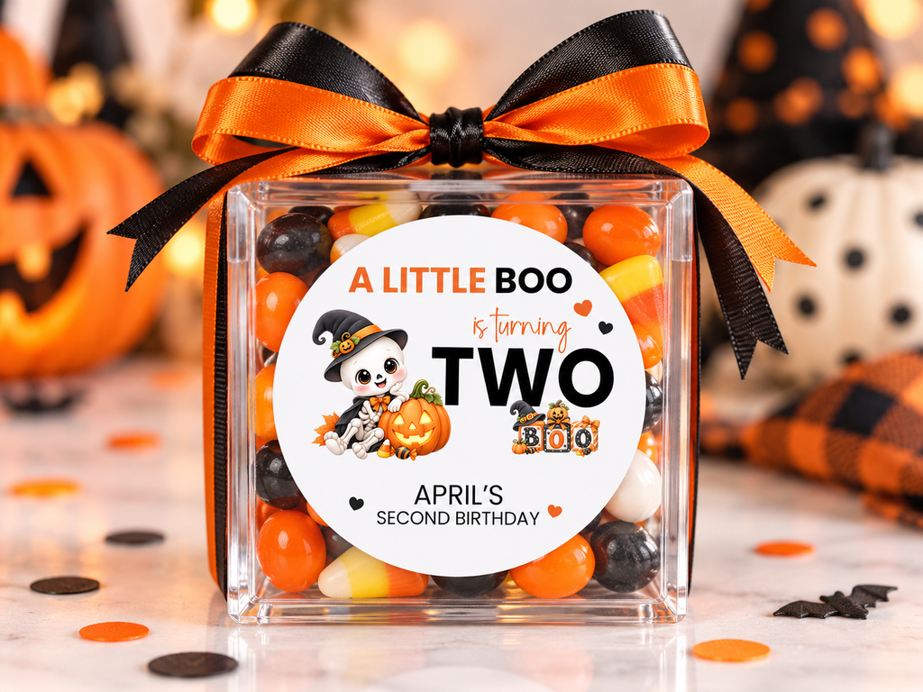 A Little Boo Is Turning Two Halloween Stickers | Personalized Second Birthday Favor Labels