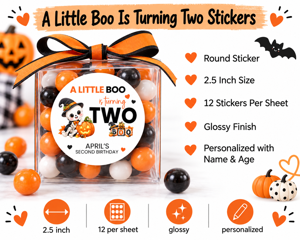 A Little Boo Is Turning Two Halloween Stickers | Personalized Second Birthday Favor Labels