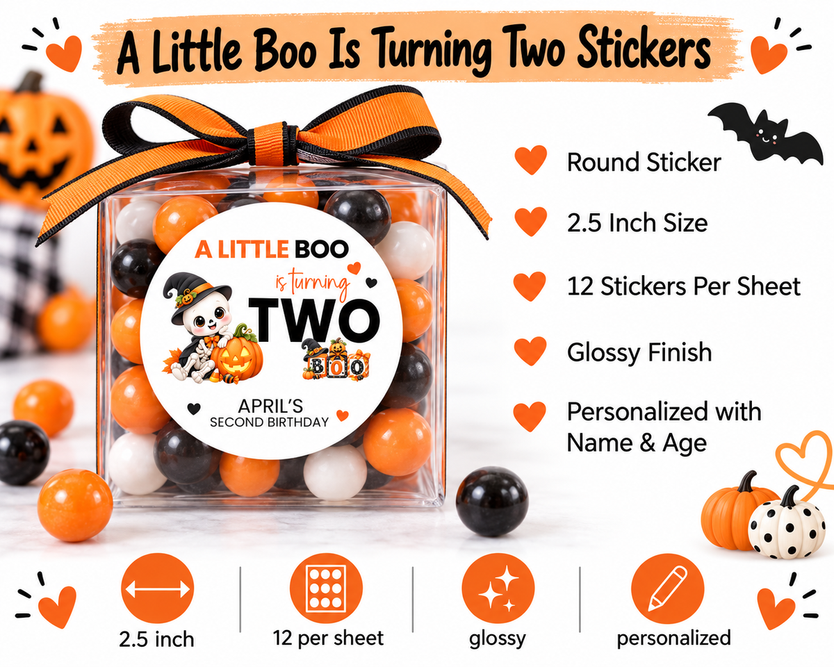 A Little Boo Is Turning Two Halloween Stickers | Personalized Second Birthday Favor Labels