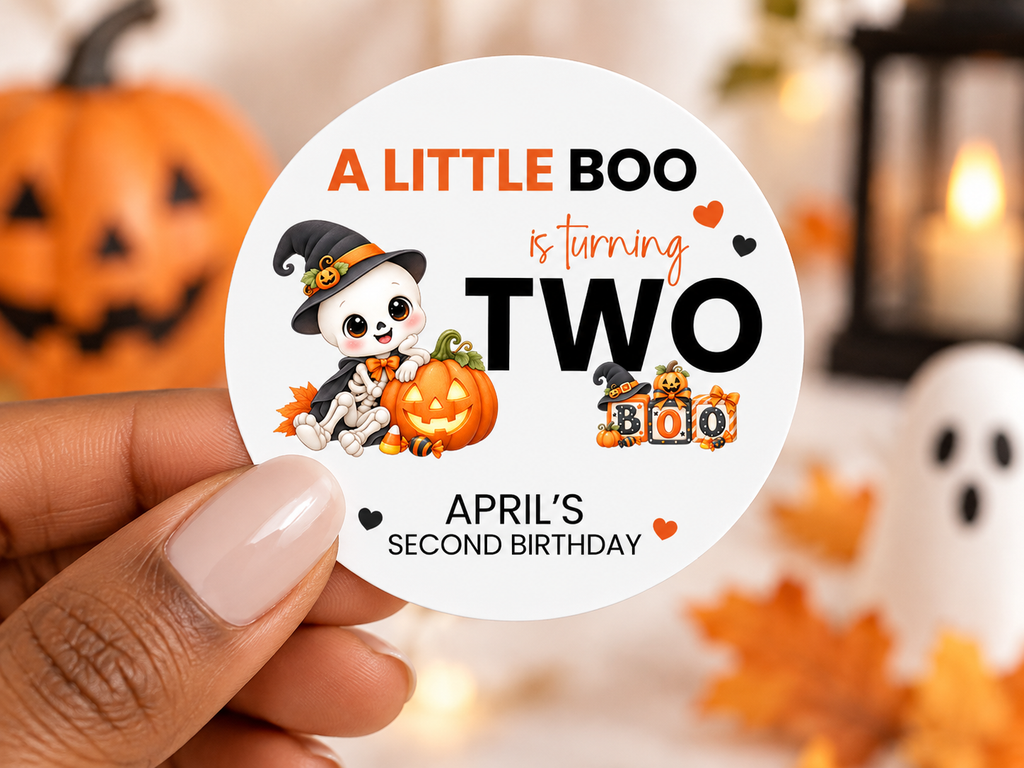 A Little Boo Is Turning Two Halloween Stickers | Personalized Second Birthday Favor Labels