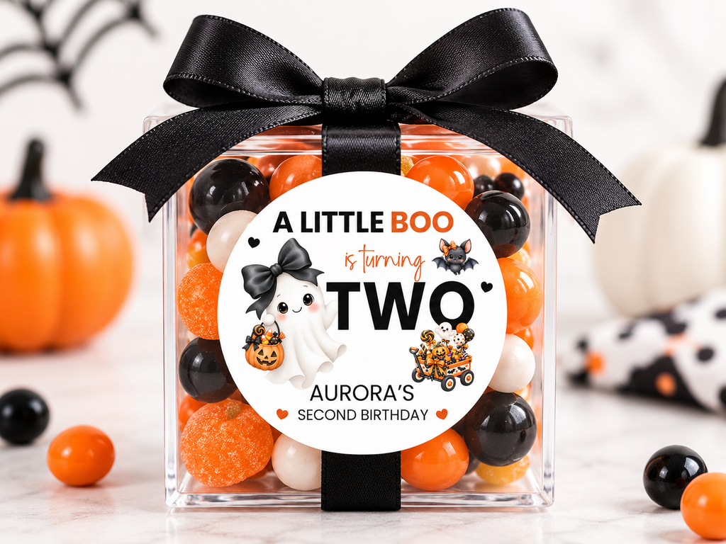 A Little Boo Is Turning Two Halloween Stickers | Personalized Second Birthday Favor Labels