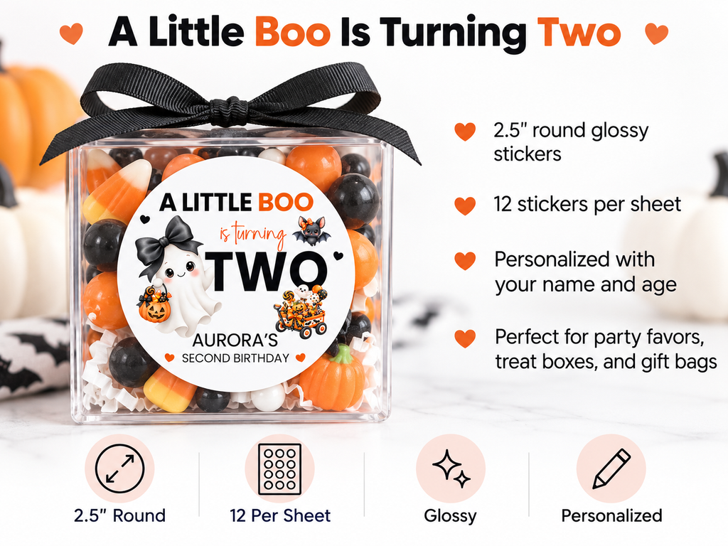A Little Boo Is Turning Two Halloween Stickers | Personalized Second Birthday Favor Labels
