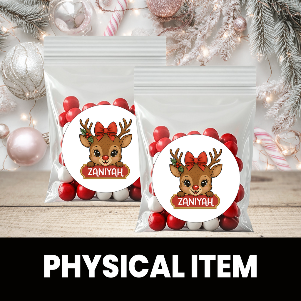 Reindeer Christmas Stickers | Personalized 2.5-Inch Circle Stickers | Customized Christmas Stickers | Party Favor Labels