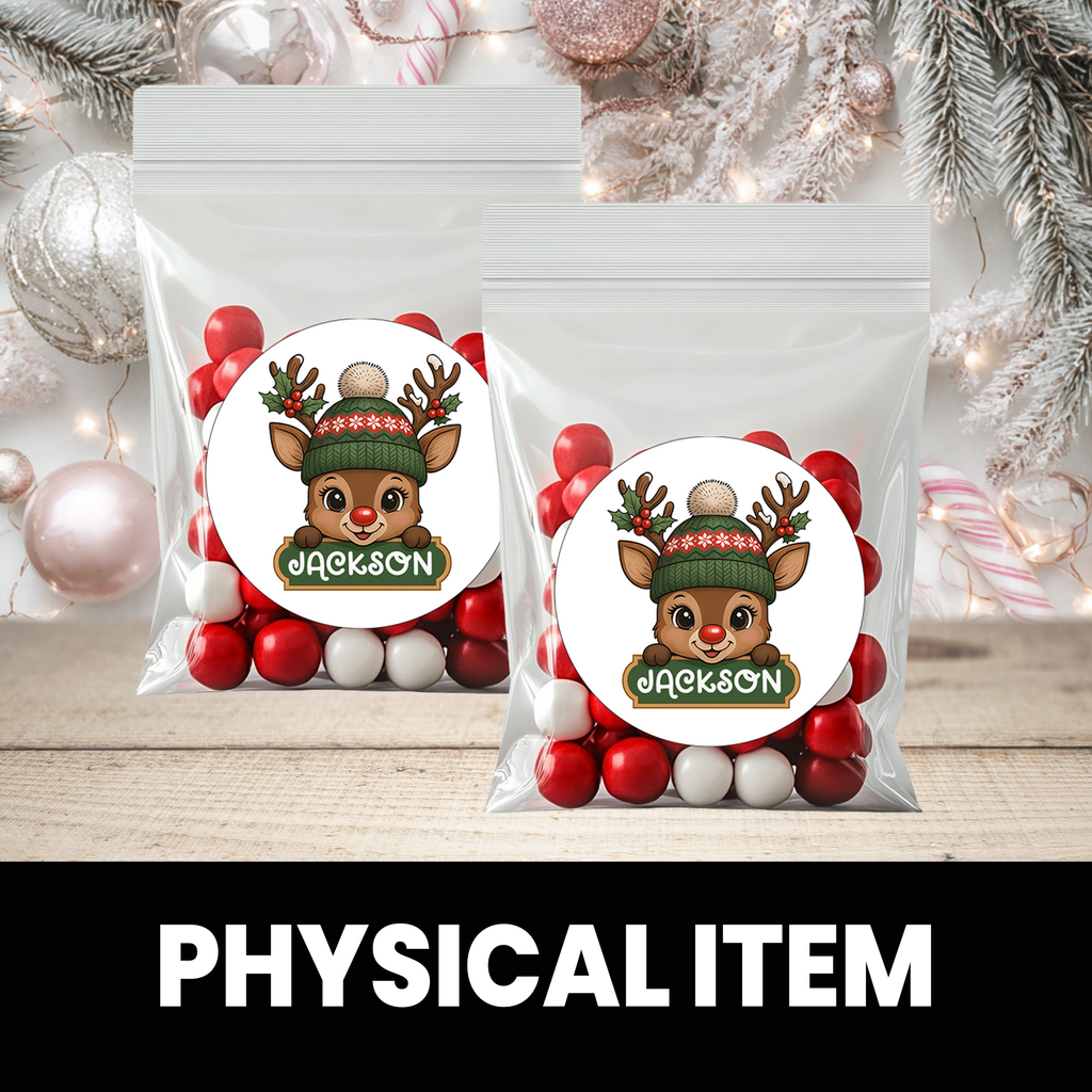 Reindeer Christmas Stickers | Personalized 2.5-Inch Circle Stickers | Customized Christmas Stickers | Party Favor Labels