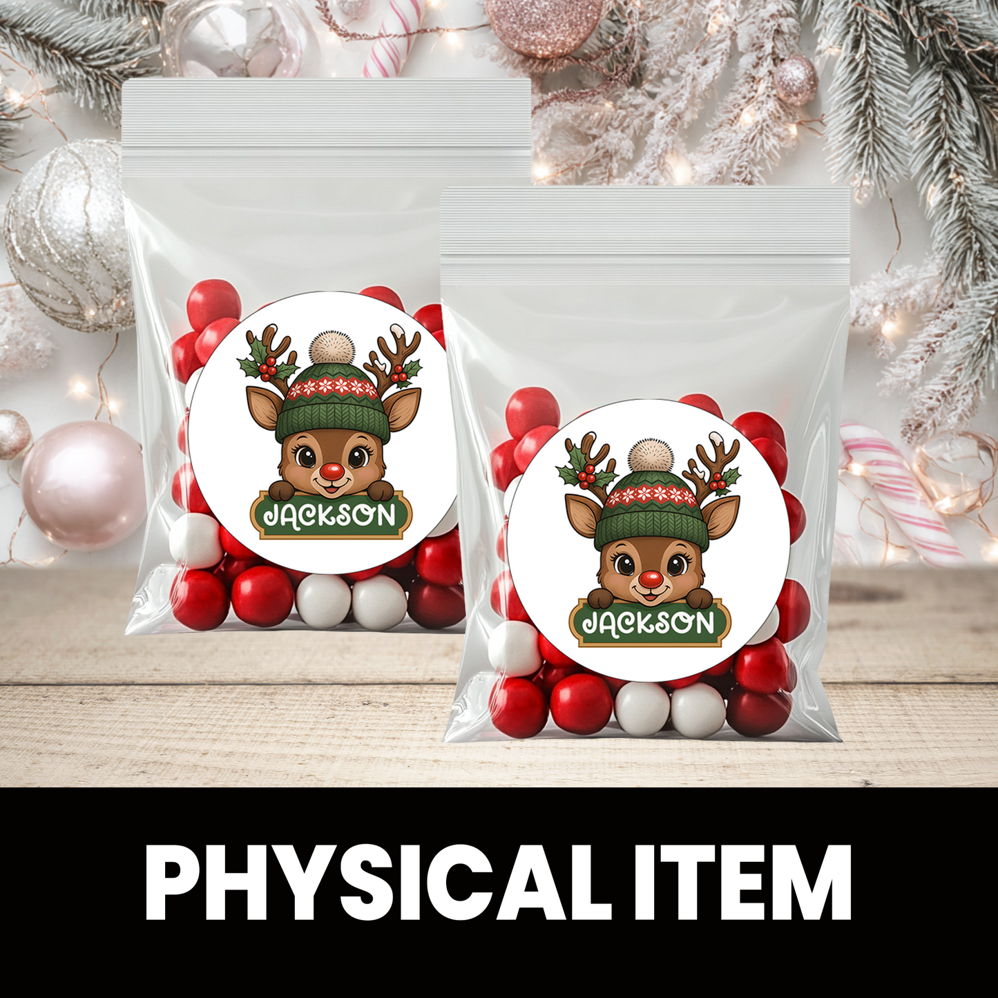 Reindeer Christmas Stickers | Personalized 2.5-Inch Circle Stickers | Customized Christmas Stickers | Party Favor Labels