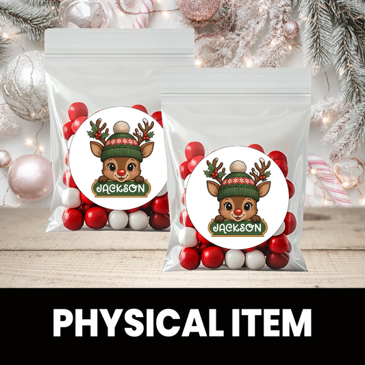 Reindeer Christmas Stickers | Personalized 2.5-Inch Circle Stickers | Customized Christmas Stickers | Party Favor Labels