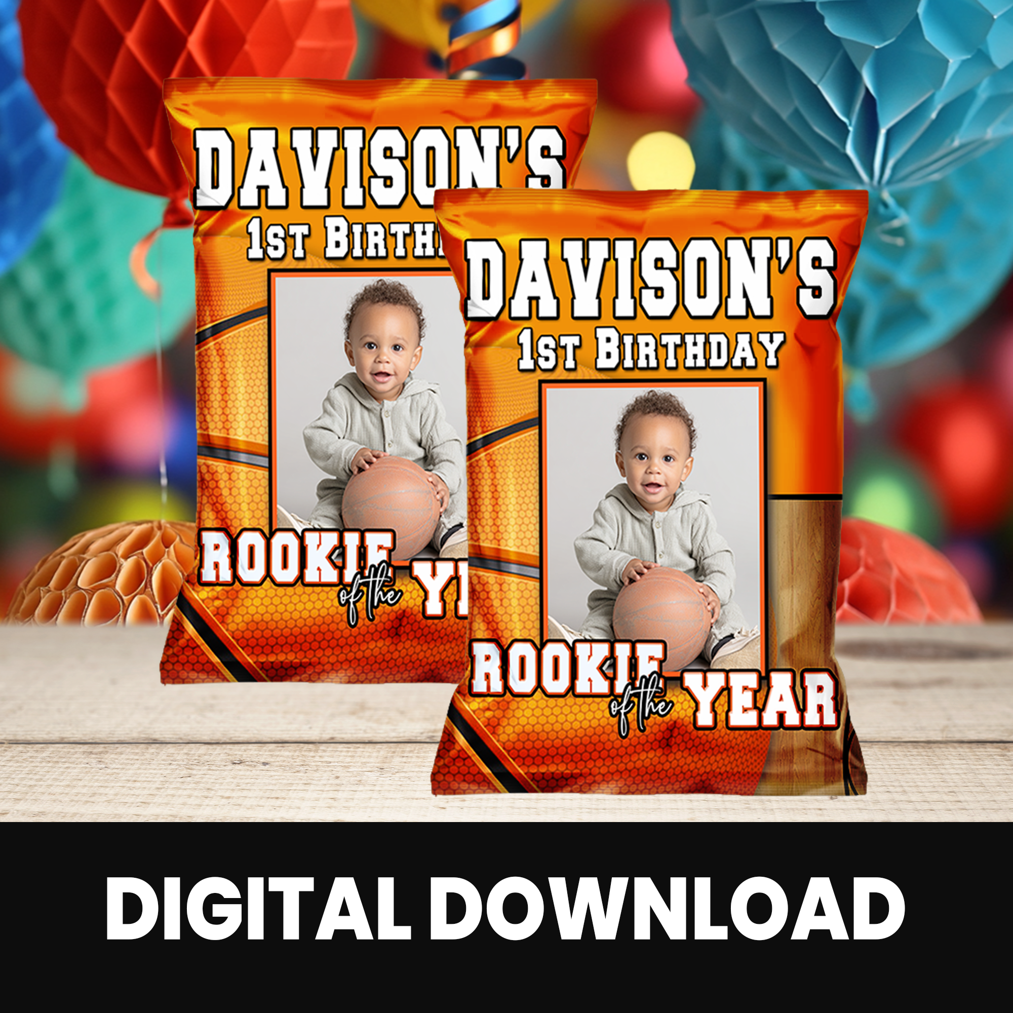 Rookie of the Year | Chip Bag Wrapper Party Favor with Photo | First Birthday Basketball Theme | Digital + Print Option