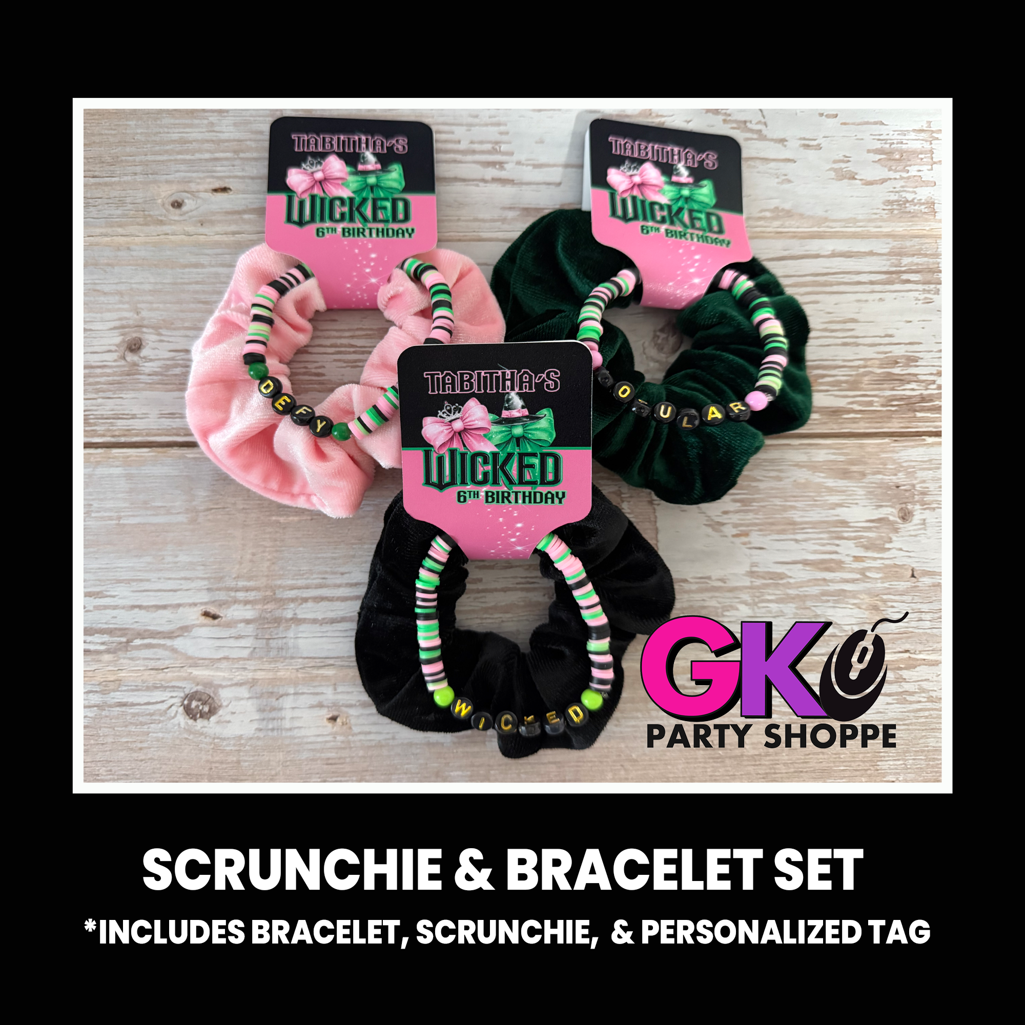 Wicked Inspired Scrunchie & Bracelet Set | Teen Birthday Party Favors | Personalized Birthday Party Favors