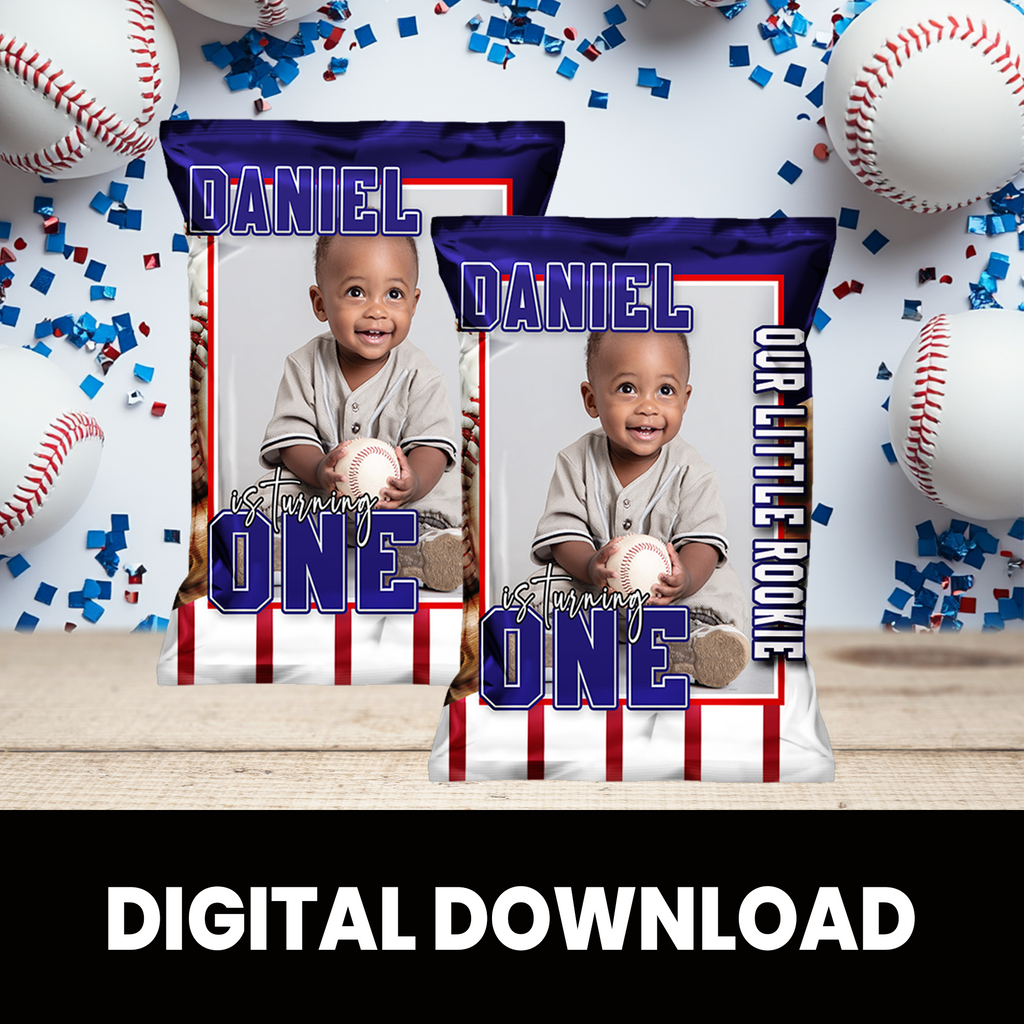 Baseball Rookie Of The Year | Chip Bag Wrapper With Photo | First Birthday Party Favor | Digital, Print & Ship