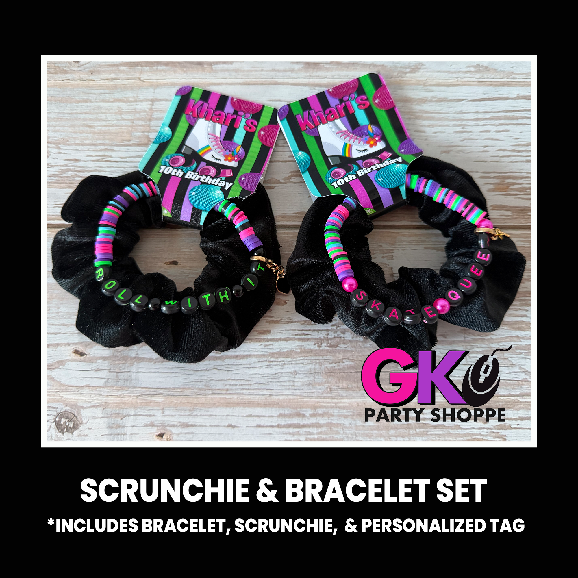 Roller Skate Party Scrunchie & Bracelet | Roller Skate Birthday | Girls Party Favor Set