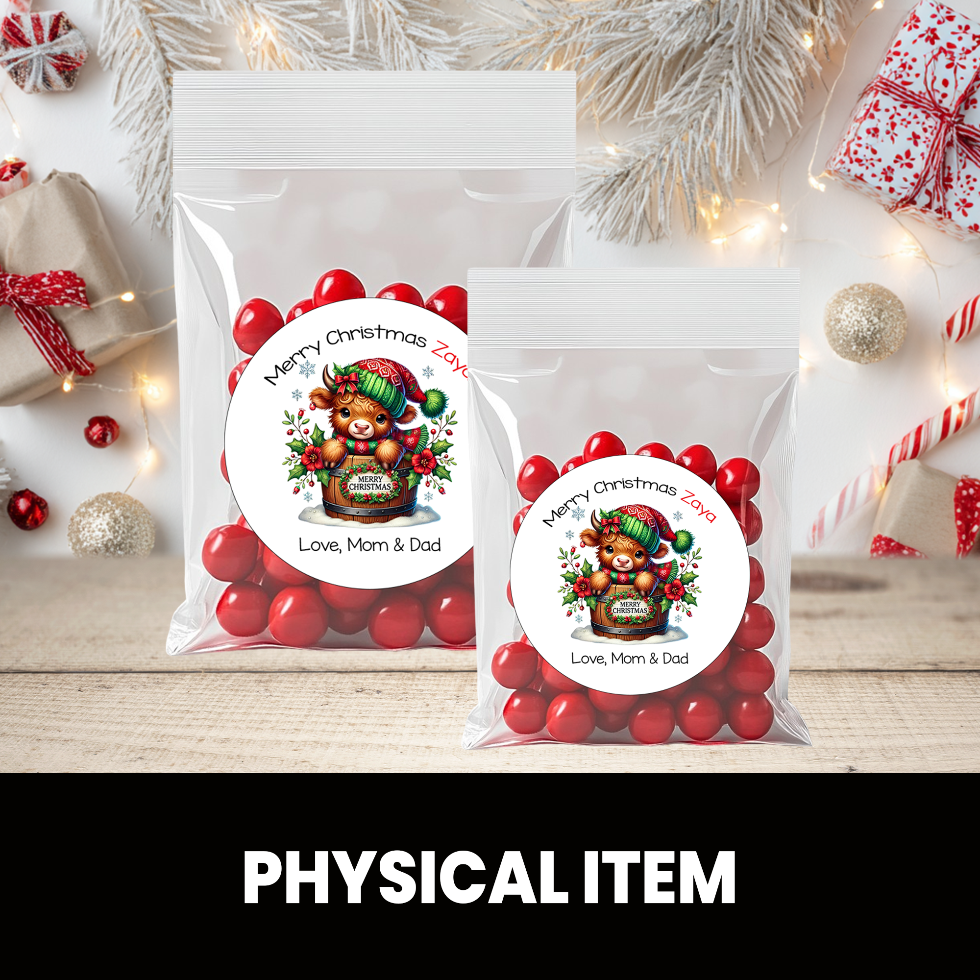 Christmas Cow Stickers | Personalized 2.5-Inch Circle Stickers | Holiday Favor Labels