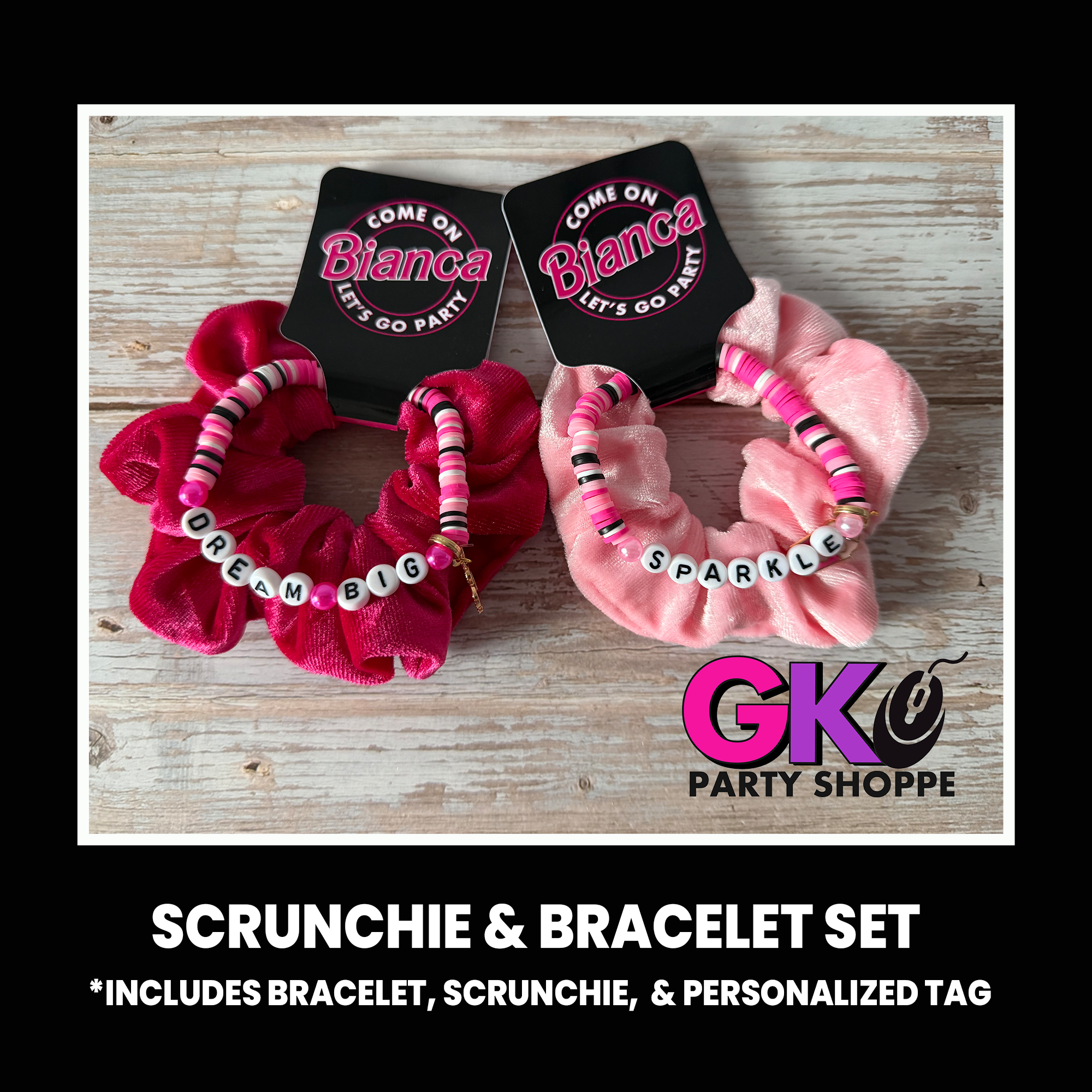 Let's Go Party Scrunchie & Bracelet Set | Personalized Birthday Party Favor | Doll Inspired Favors