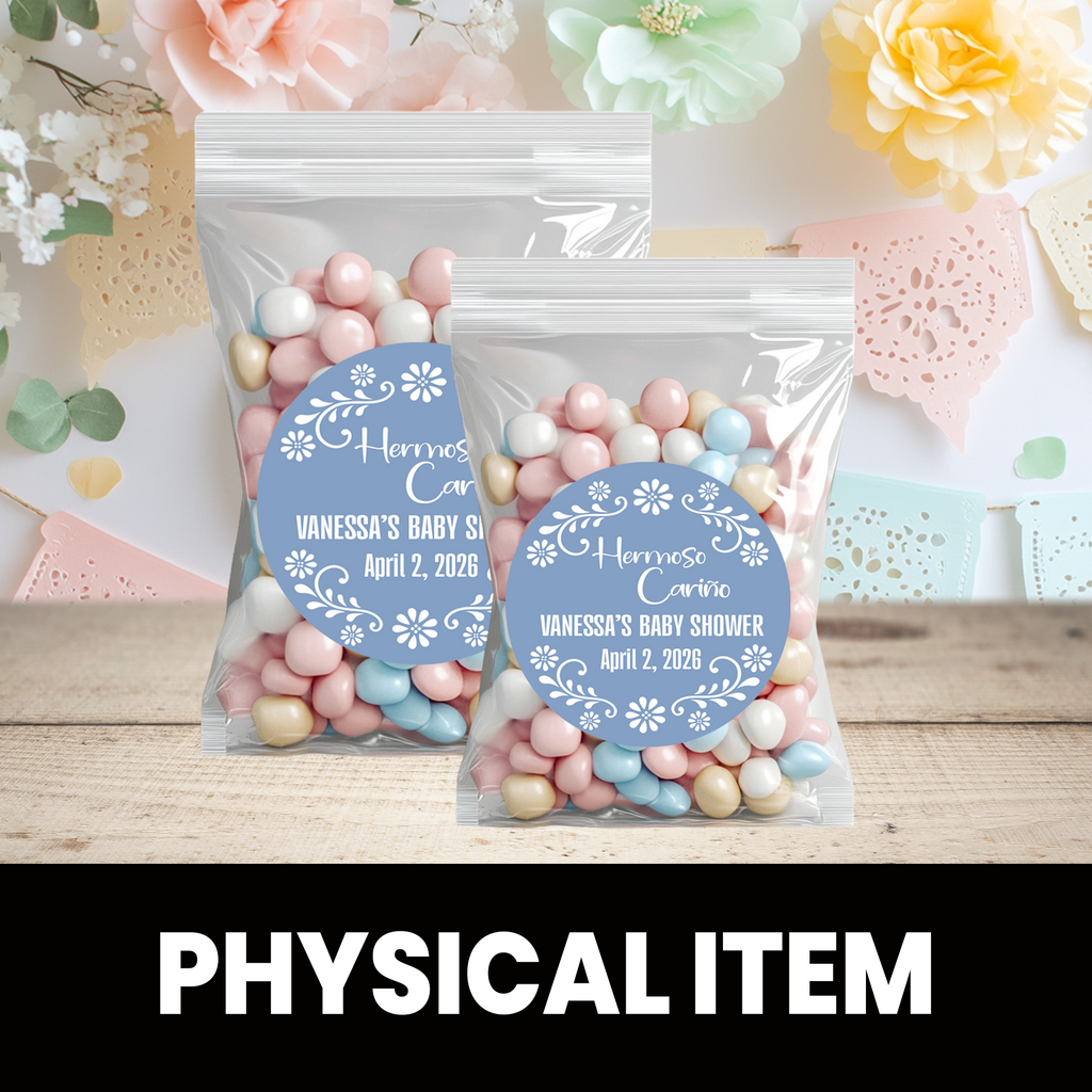 Hermoso Cariño Baby Shower Stickers | Personalized Baby Shower Party Favors | 2.5 Inch Circle Stickers | Cielito Lindo Baby Shower