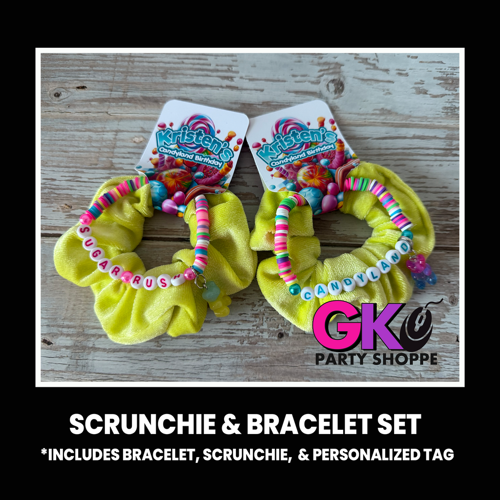 Candyland Inspired Scrunchie & Bracelet Set | Custom Party Favor | Personalized Birthday Party Favor