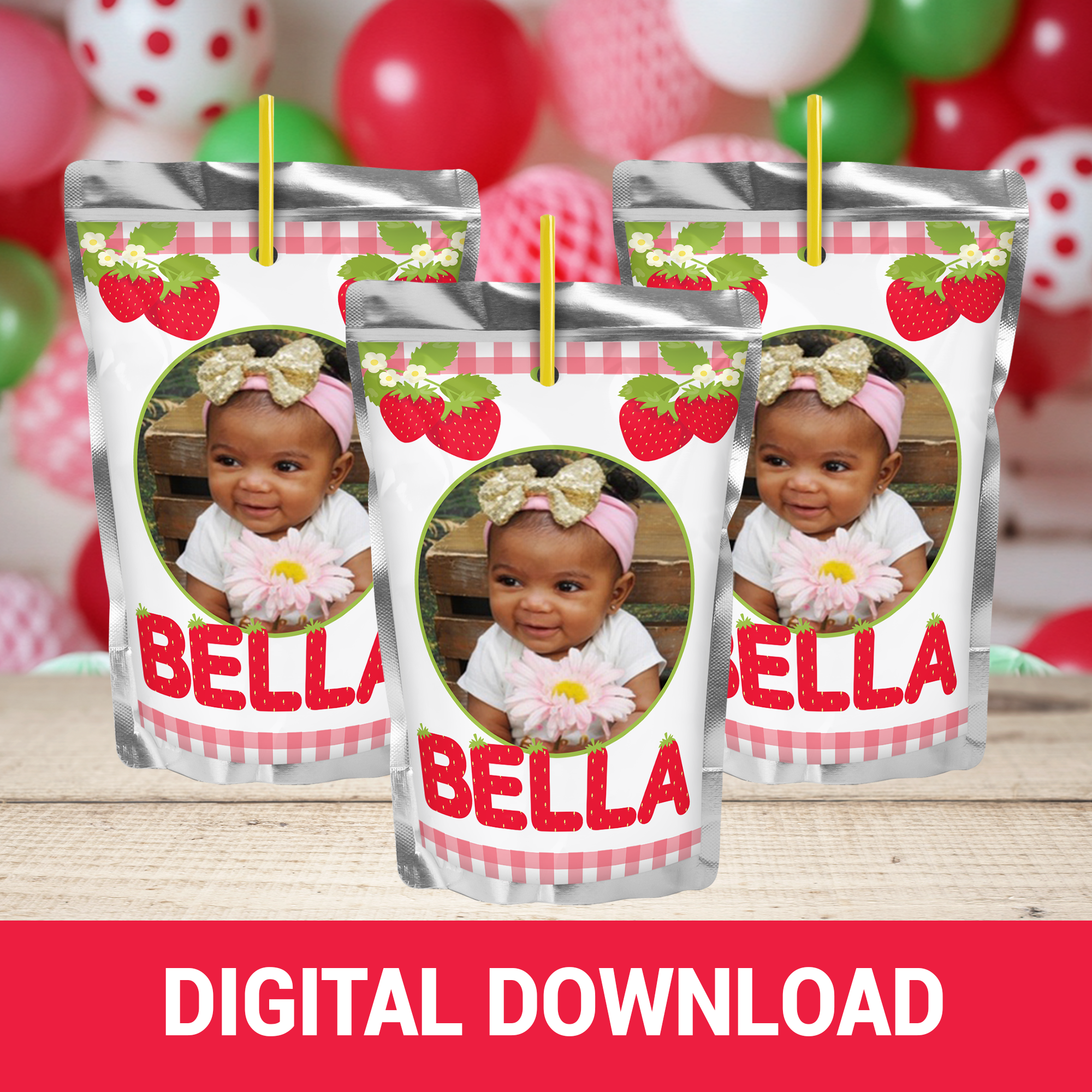Berry Sweet One | Juice Pouch Label Party Favor | First Birthday Strawberry Theme | Digital + Print Option