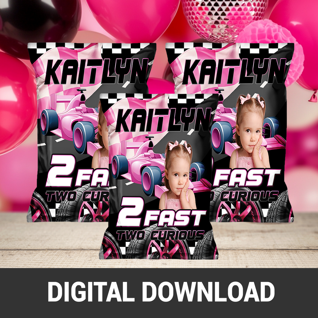 2 Fast 2 Curious Girl Edition | Chip Bag Wrapper Party Favor | Racing Birthday Theme | Digital + Print Option