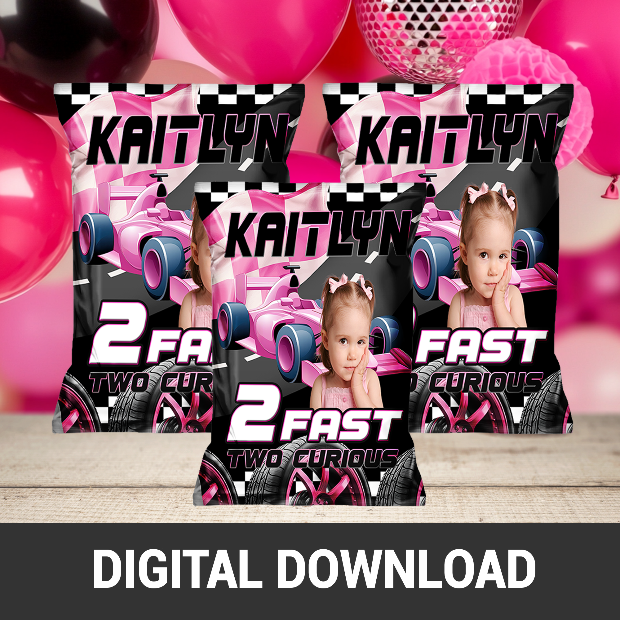 2 Fast 2 Curious Girl Edition | Chip Bag Wrapper Party Favor | Racing Birthday Theme | Digital + Print Option