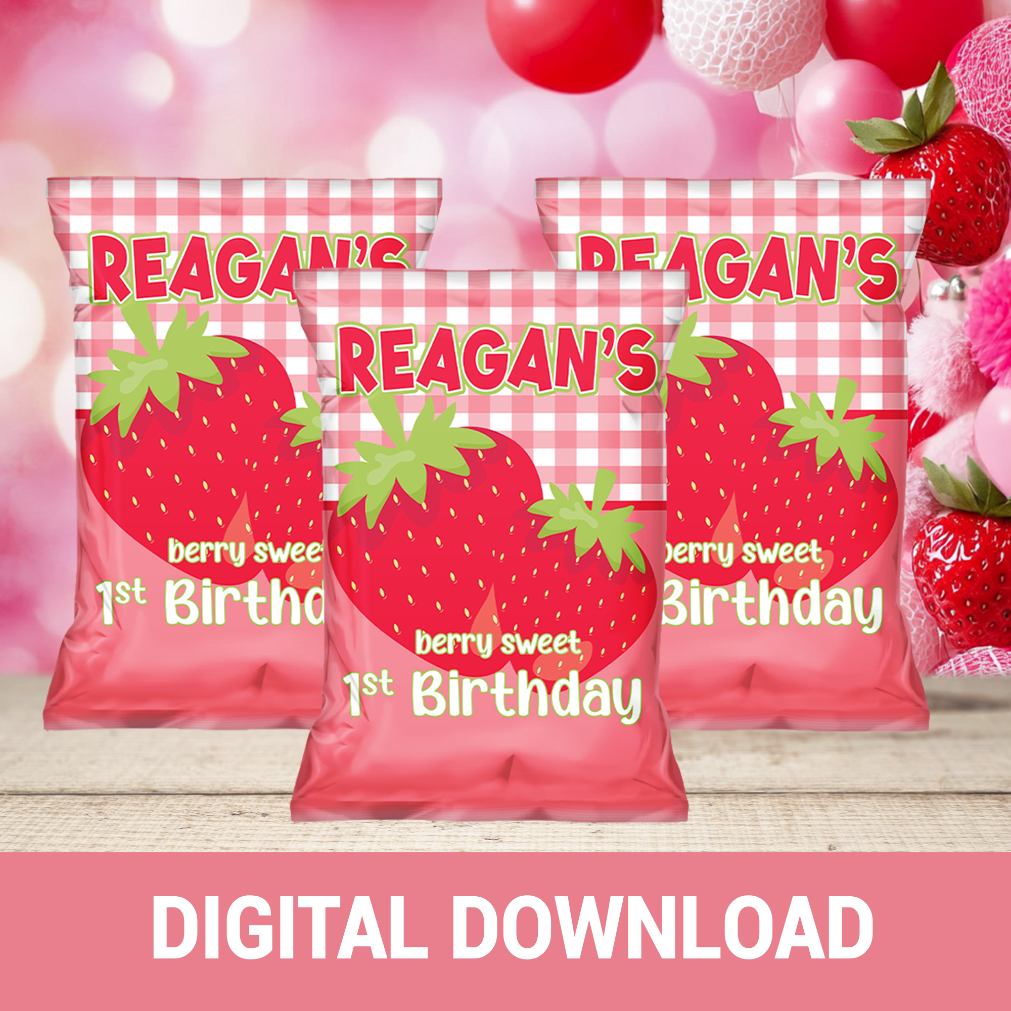 Strawberry Patch | Chip Bag Wrapper Party Favor | Strawberry Birthday Theme | Digital + Print Option