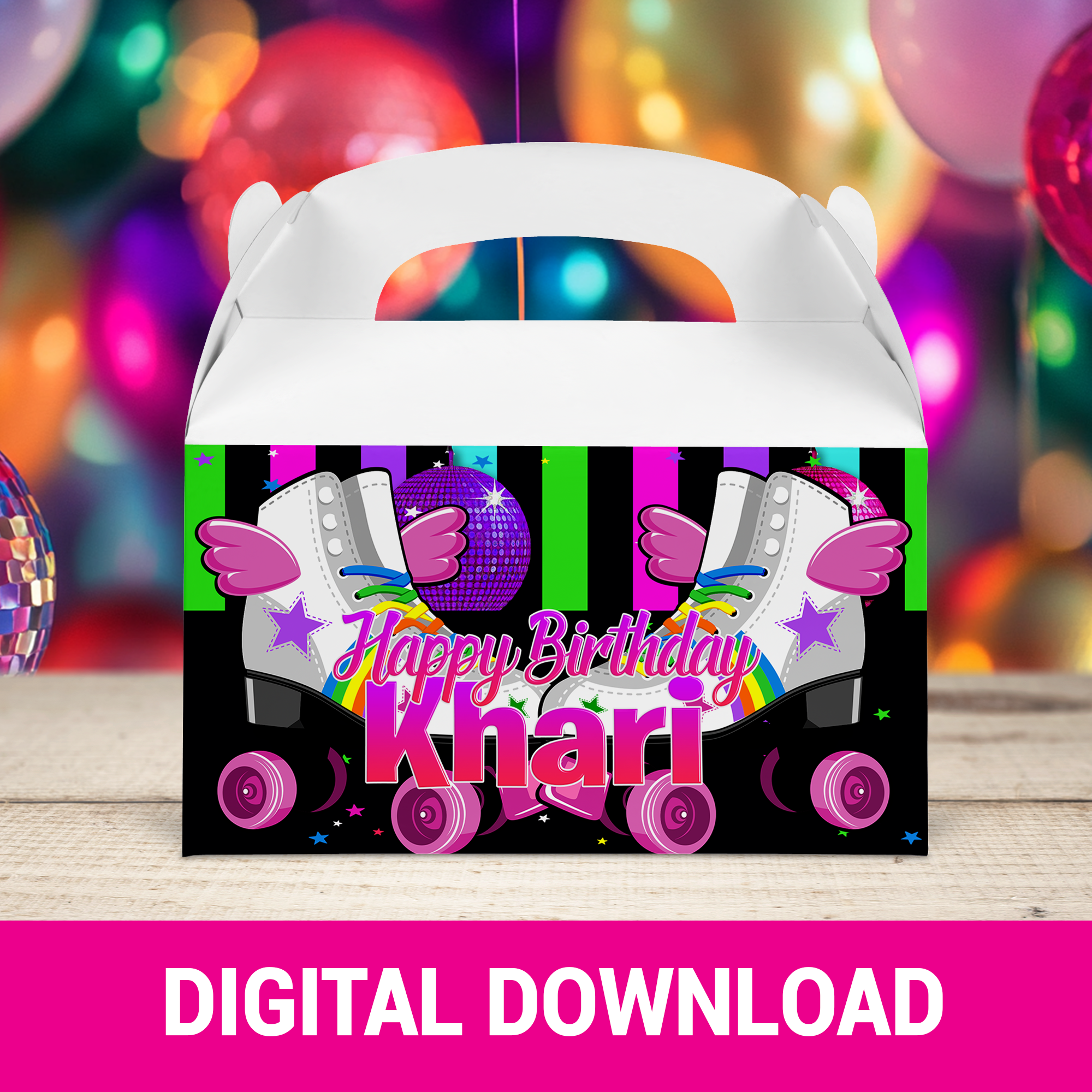 Roll Into Fun! Skate Party Gift Bag, Gable Box & Shoe Box | Fun & Trendy Tween and Teen Birthday Party Favors | Digital & Print Options