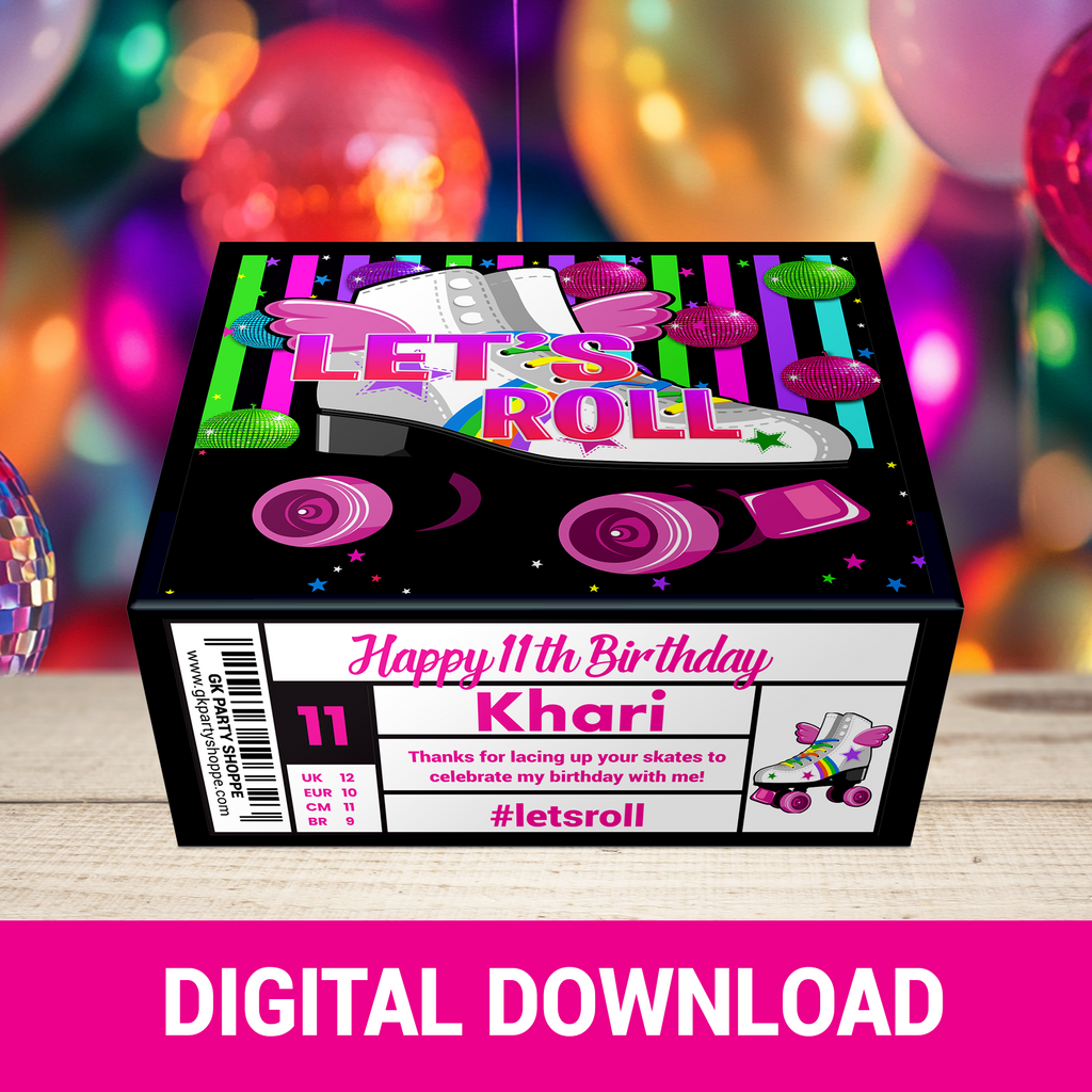 Roll Into Fun! Skate Party Gift Bag, Gable Box & Shoe Box | Fun & Trendy Tween and Teen Birthday Party Favors | Digital & Print Options