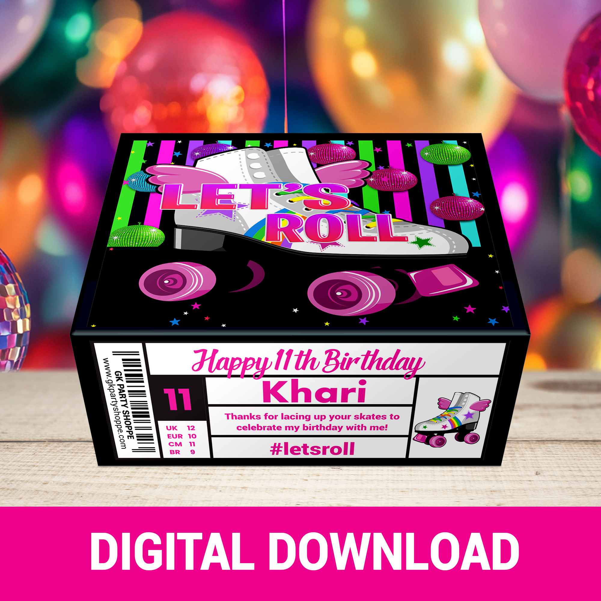 Roll Into Fun! Skate Party Gift Bag, Gable Box & Shoe Box | Fun & Trendy Tween and Teen Birthday Party Favors | Digital & Print Options