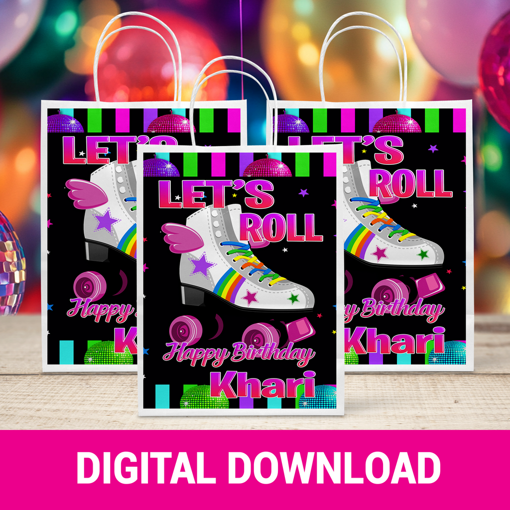 Roll Into Fun! Skate Party Gift Bag, Gable Box & Shoe Box | Fun & Trendy Tween and Teen Birthday Party Favors | Digital & Print Options