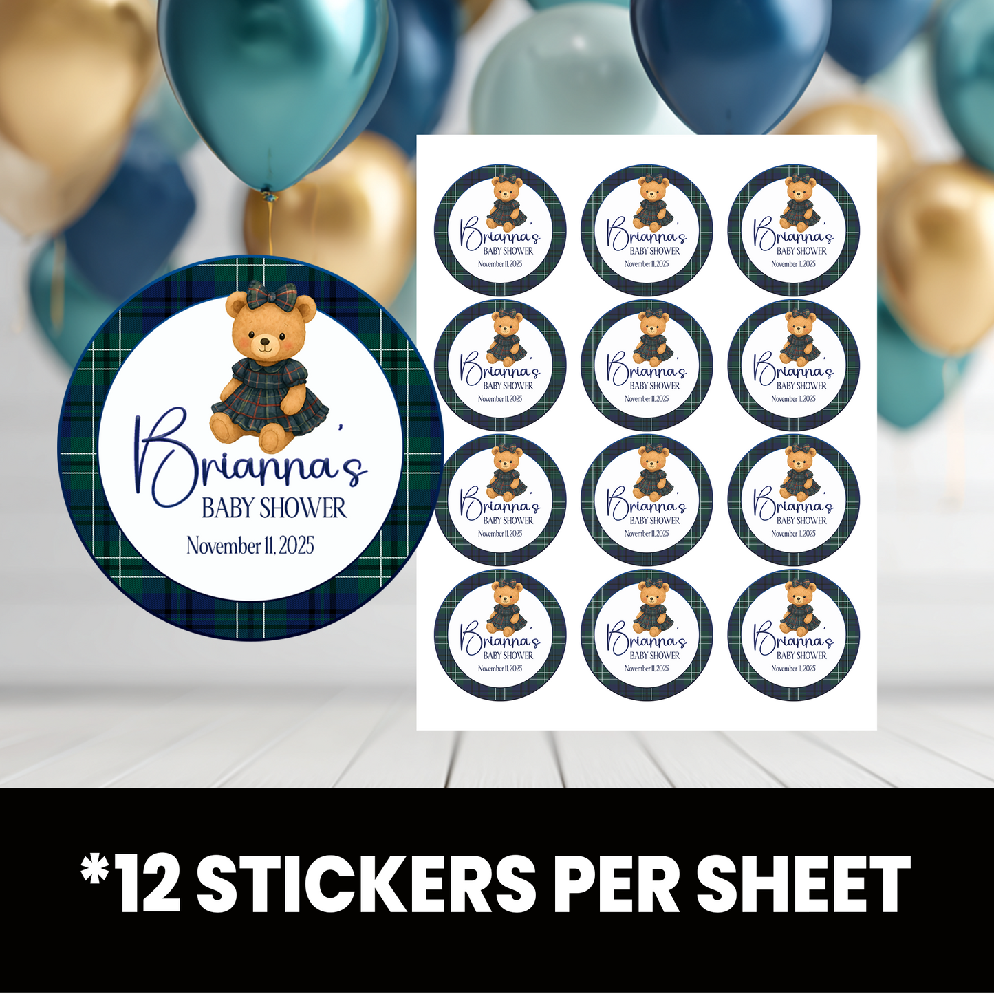Elegant Teddy Bear Baby Shower | Personalized 2.5-Inch Stickers | Printed Party Favor Labels