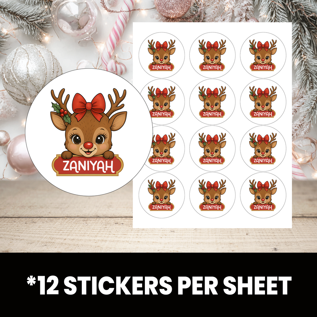 Reindeer Christmas Stickers | Personalized 2.5-Inch Circle Stickers | Customized Christmas Stickers | Party Favor Labels