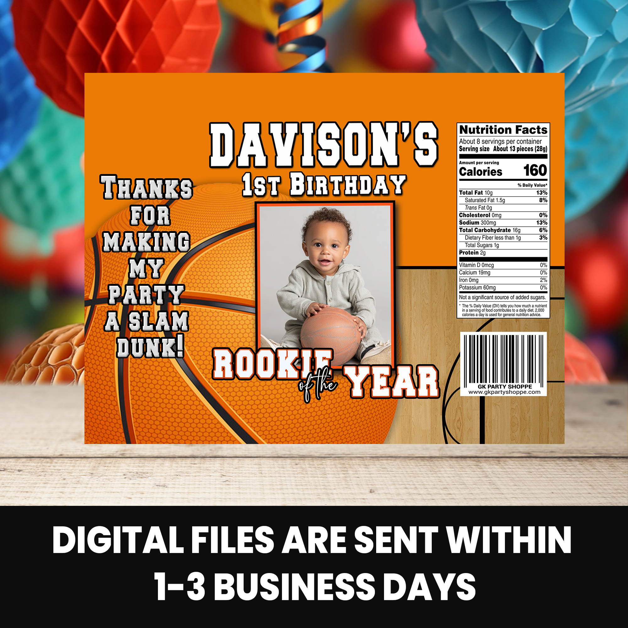 Rookie of the Year | Chip Bag Wrapper Party Favor with Photo | First Birthday Basketball Theme | Digital + Print Option