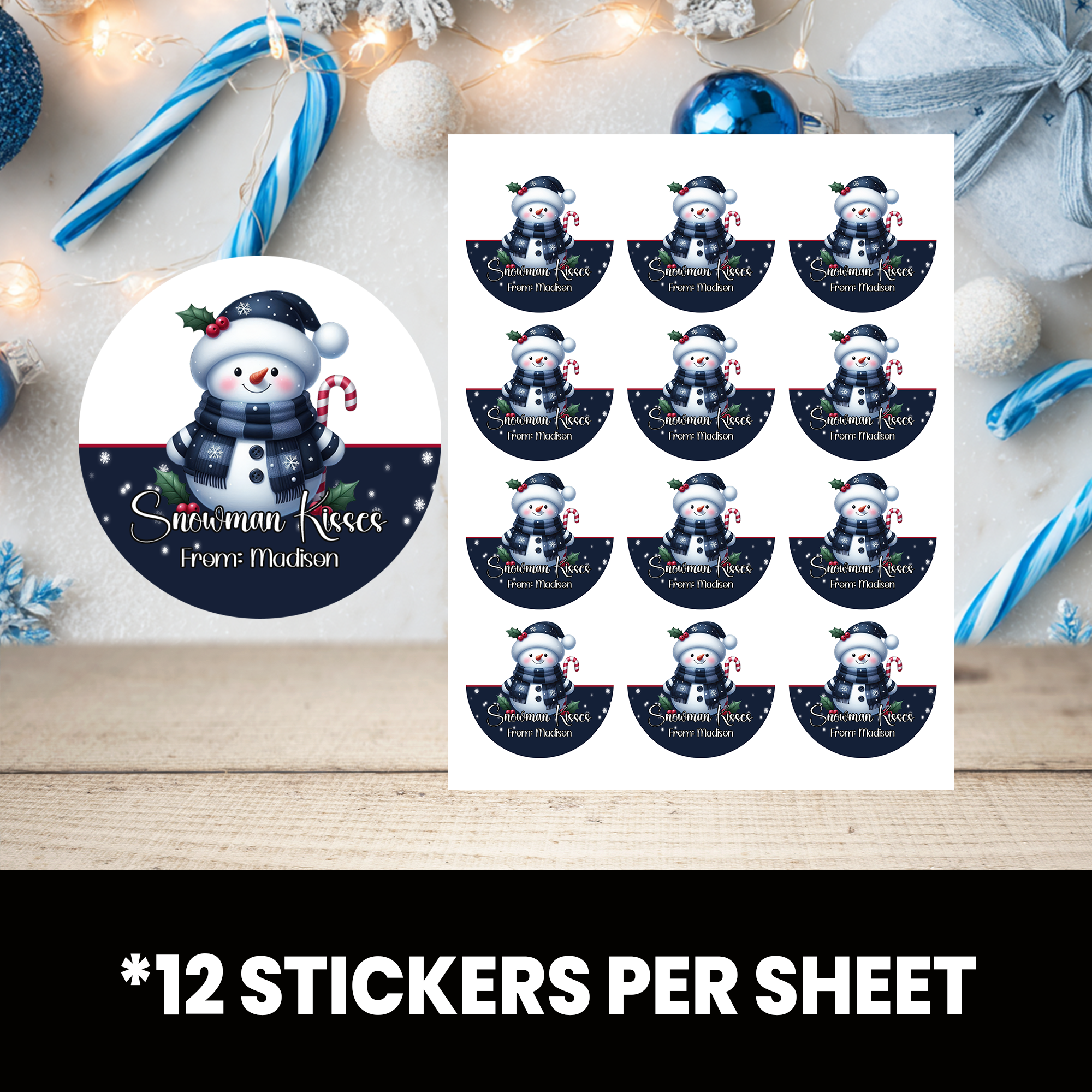 Snowman Christmas Stickers | Personalized 2.5-Inch Circle Stickers | Customized Christmas Stickers | Party Favor Labels
