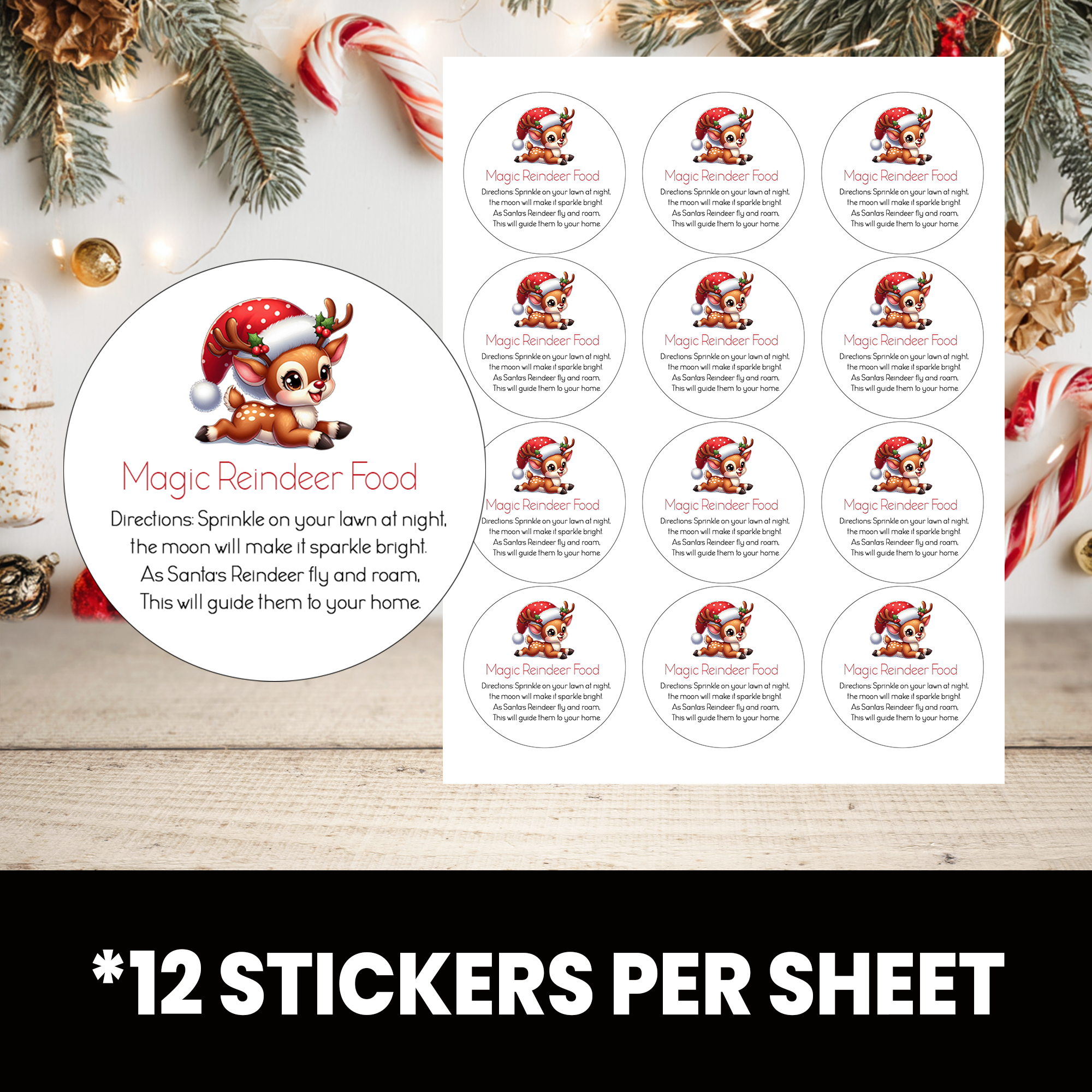 Reindeer Food Stickers | Circle Stickers 2.5-Inch | Christmas Stickers | Party Favor Labels