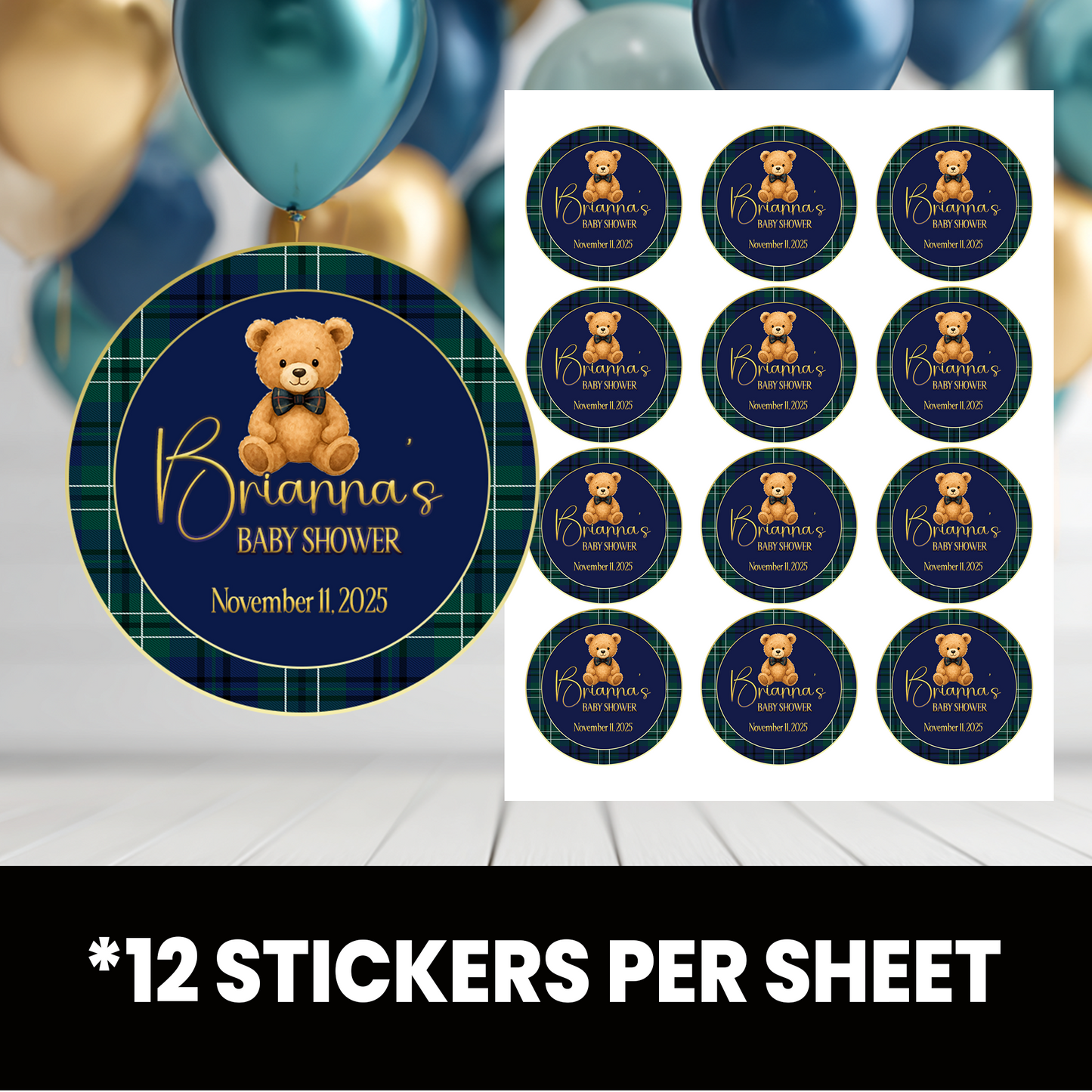 Elegant Teddy Bear Baby Shower | Personalized 2.5-Inch Stickers | Printed Party Favor Labels