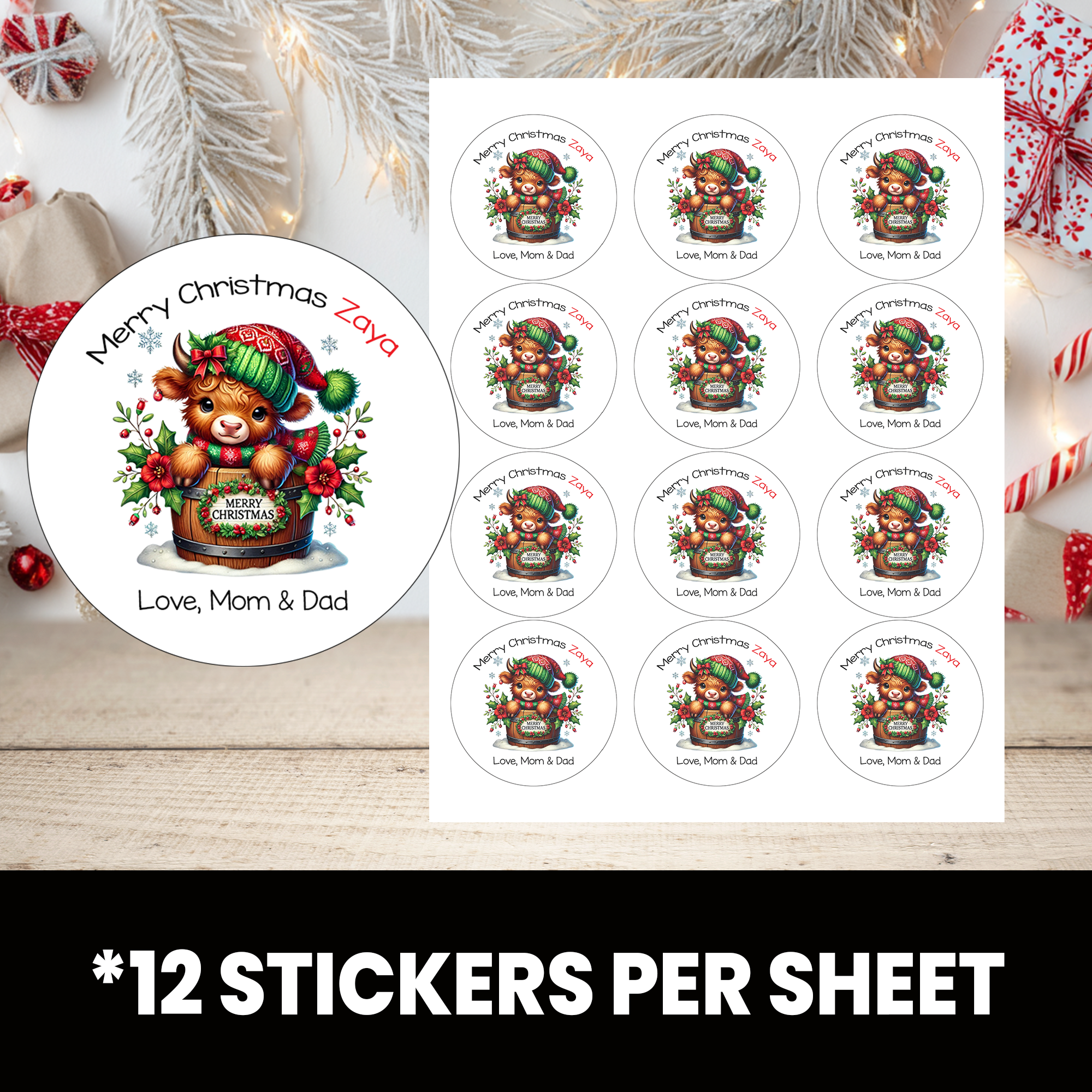 Christmas Cow Stickers | Personalized 2.5-Inch Circle Stickers | Holiday Favor Labels