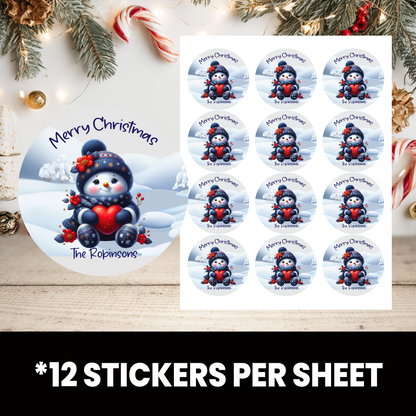 Snowman Christmas Stickers | Personalized 2.5-Inch Circle Stickers | Customized Christmas Stickers | Party Favor Labels