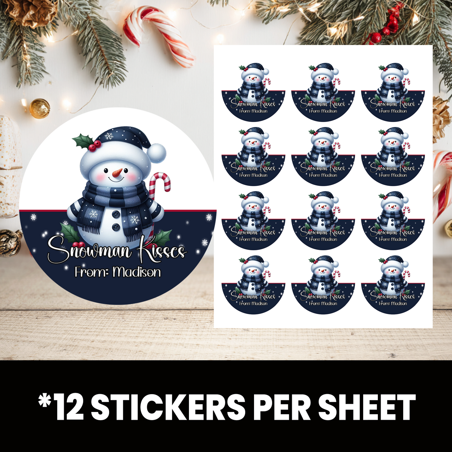 Snowman Christmas Stickers | Personalized 2.5-Inch Circle Stickers | Customized Christmas Stickers | Party Favor Labels