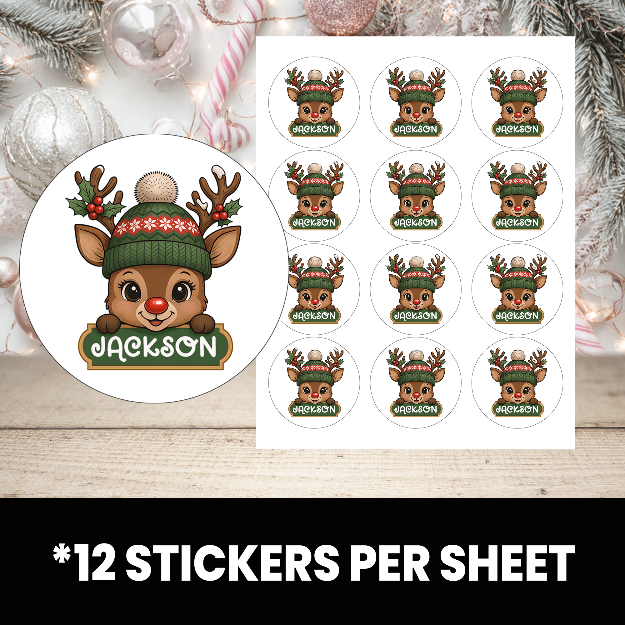 Reindeer Christmas Stickers | Personalized 2.5-Inch Circle Stickers | Customized Christmas Stickers | Party Favor Labels