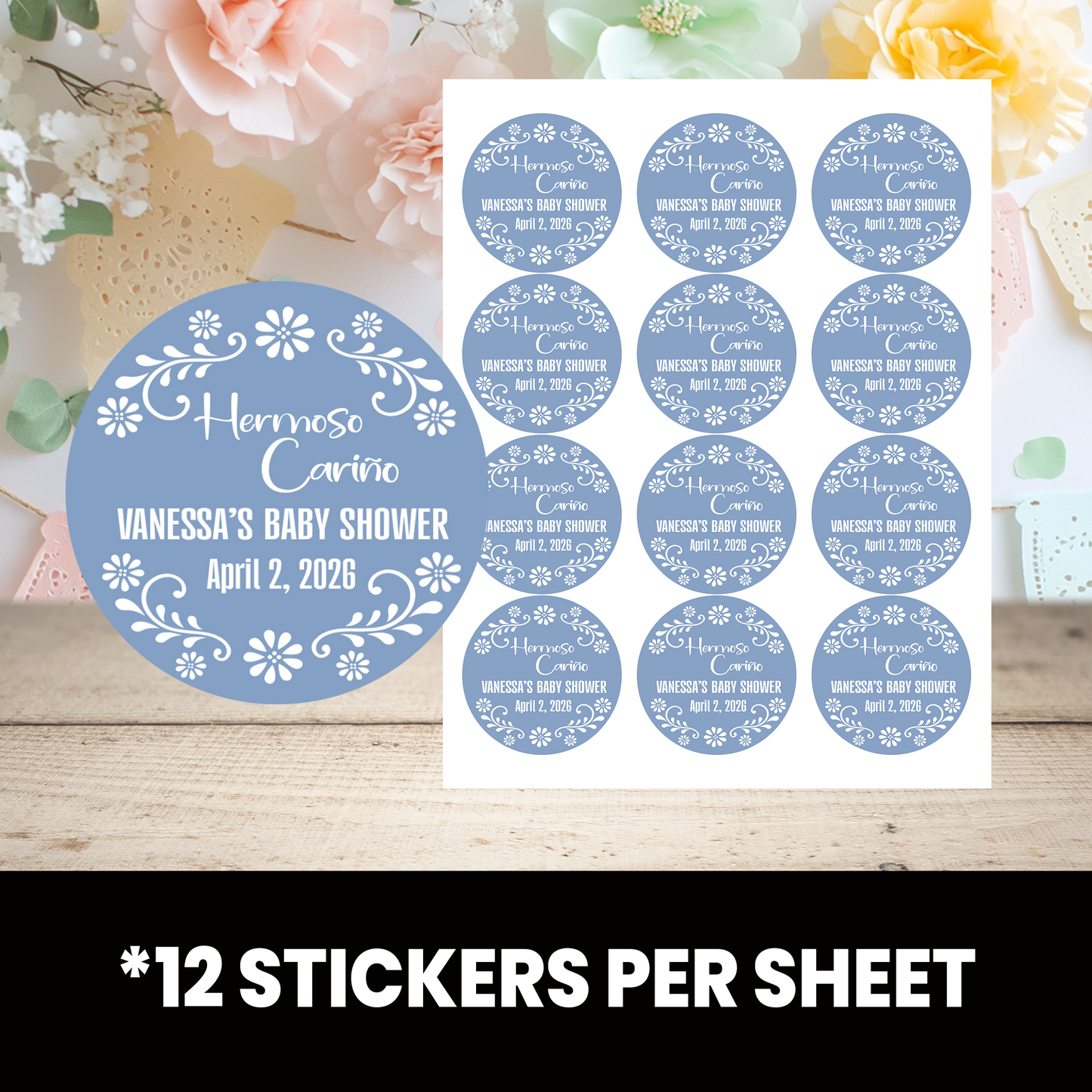 Hermoso Cariño Baby Shower Stickers | Personalized Baby Shower Party Favors | 2.5 Inch Circle Stickers | Cielito Lindo Baby Shower