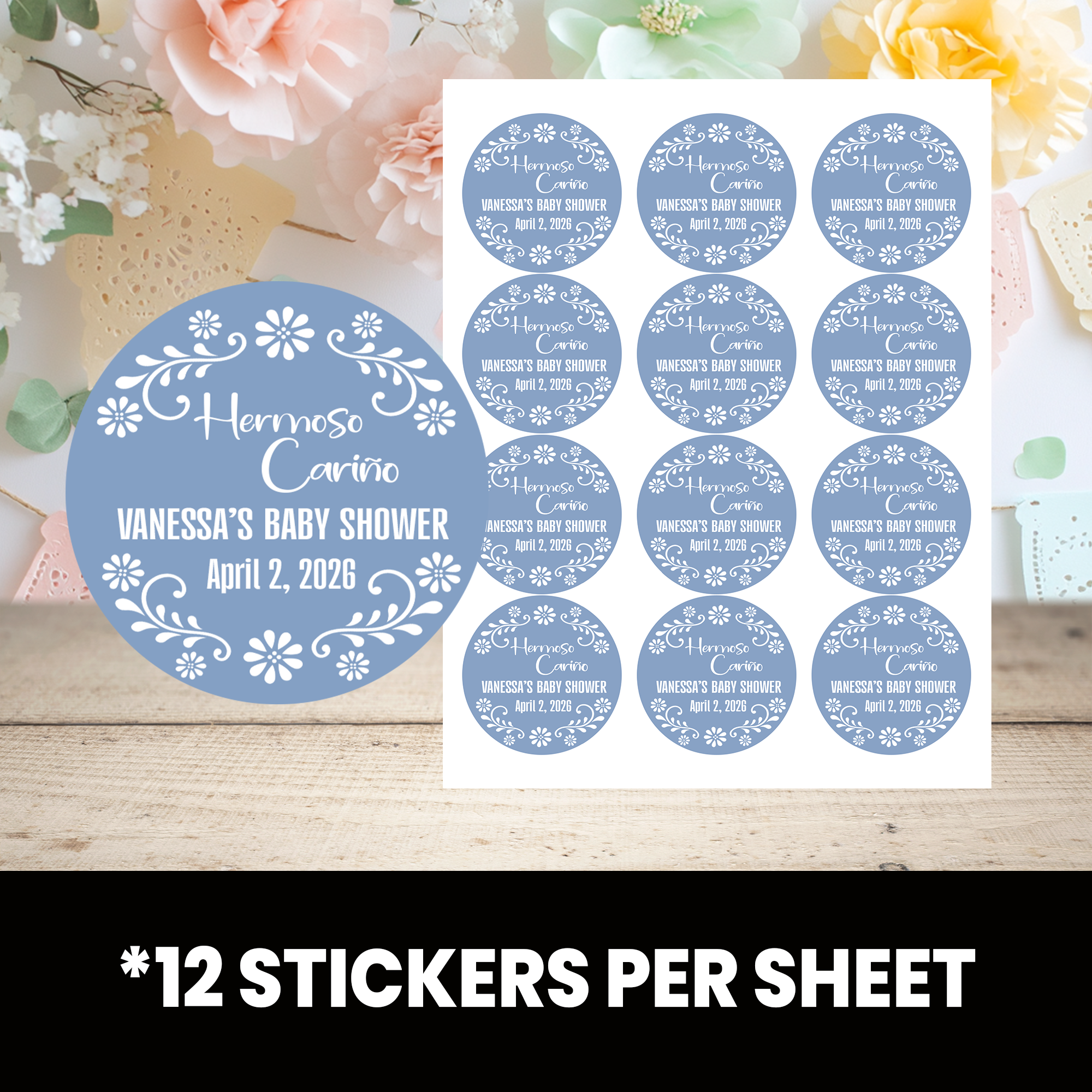 Hermoso Cariño Baby Shower Stickers | Personalized Baby Shower Party Favors | 2.5 Inch Circle Stickers | Cielito Lindo Baby Shower