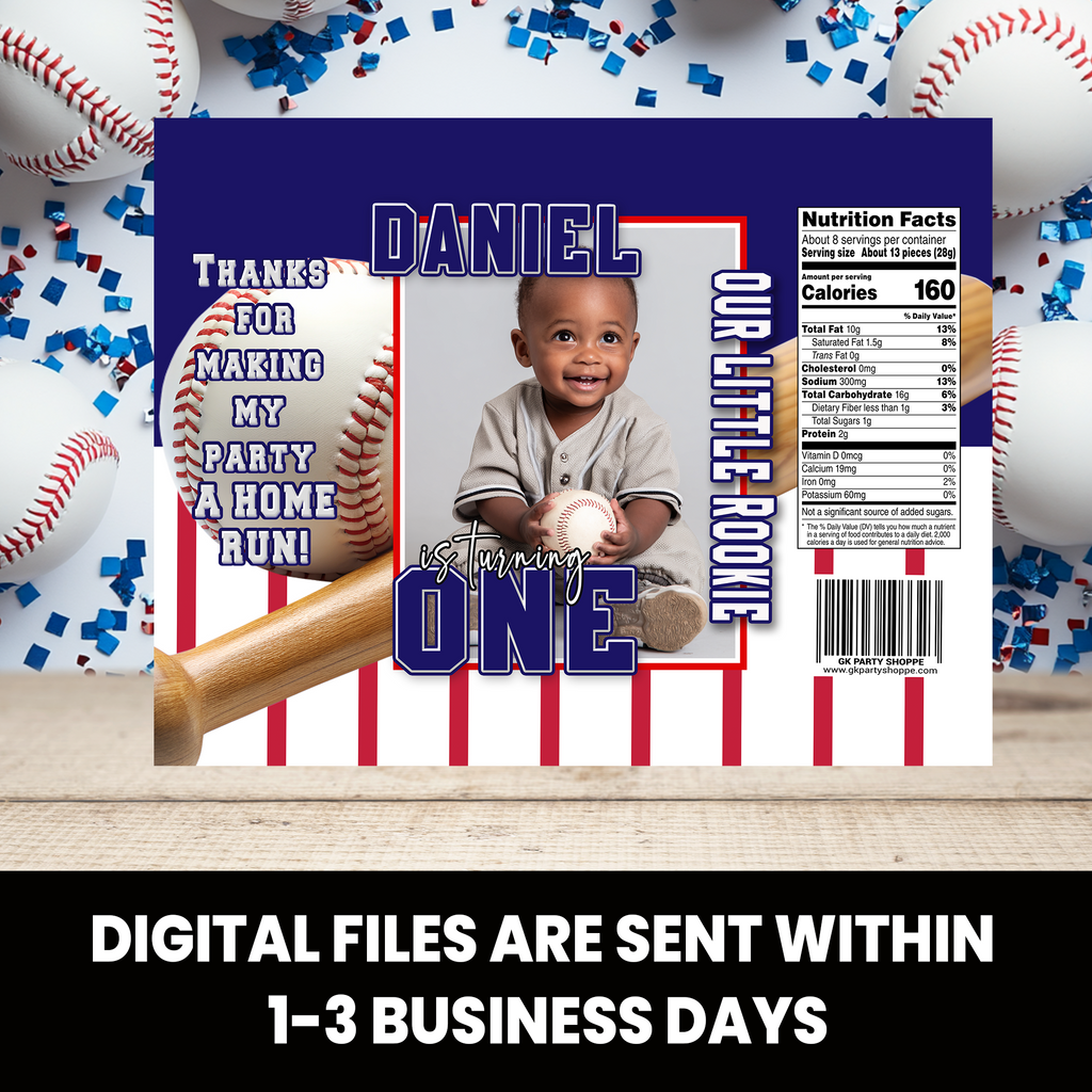 Baseball Rookie Of The Year | Chip Bag Wrapper With Photo | First Birthday Party Favor | Digital, Print & Ship