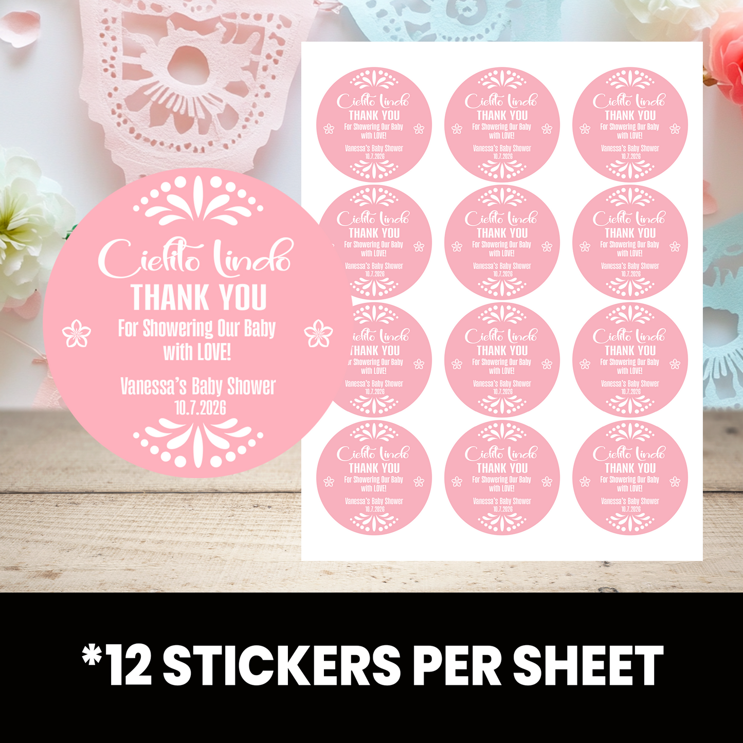 Cielito Lindo Baby Shower Stickers | Personalized Baby Shower Party Favors | 2.5 Inch Circle Stickers