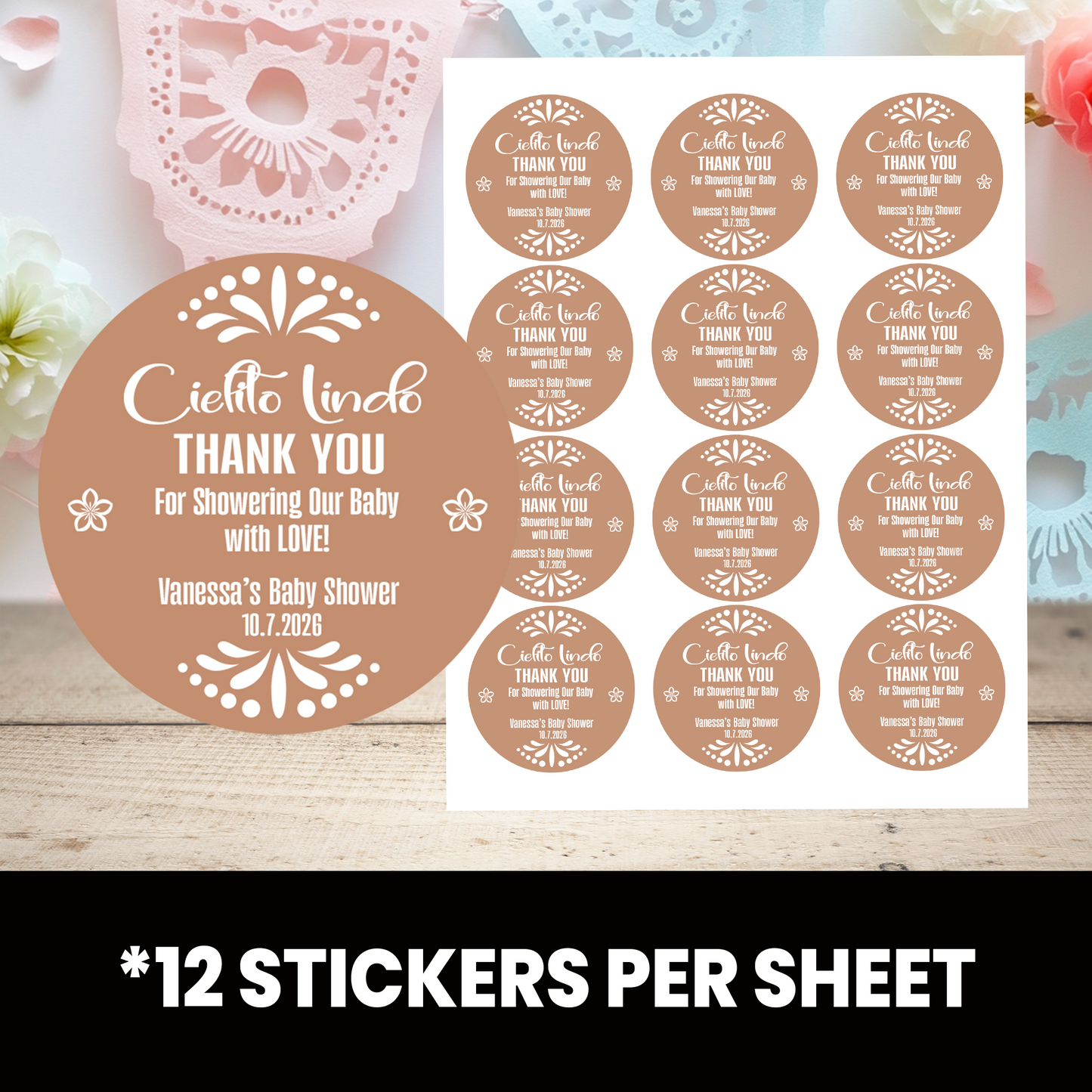 Cielito Lindo Baby Shower Stickers | Personalized Baby Shower Party Favors | 2.5 Inch Circle Stickers