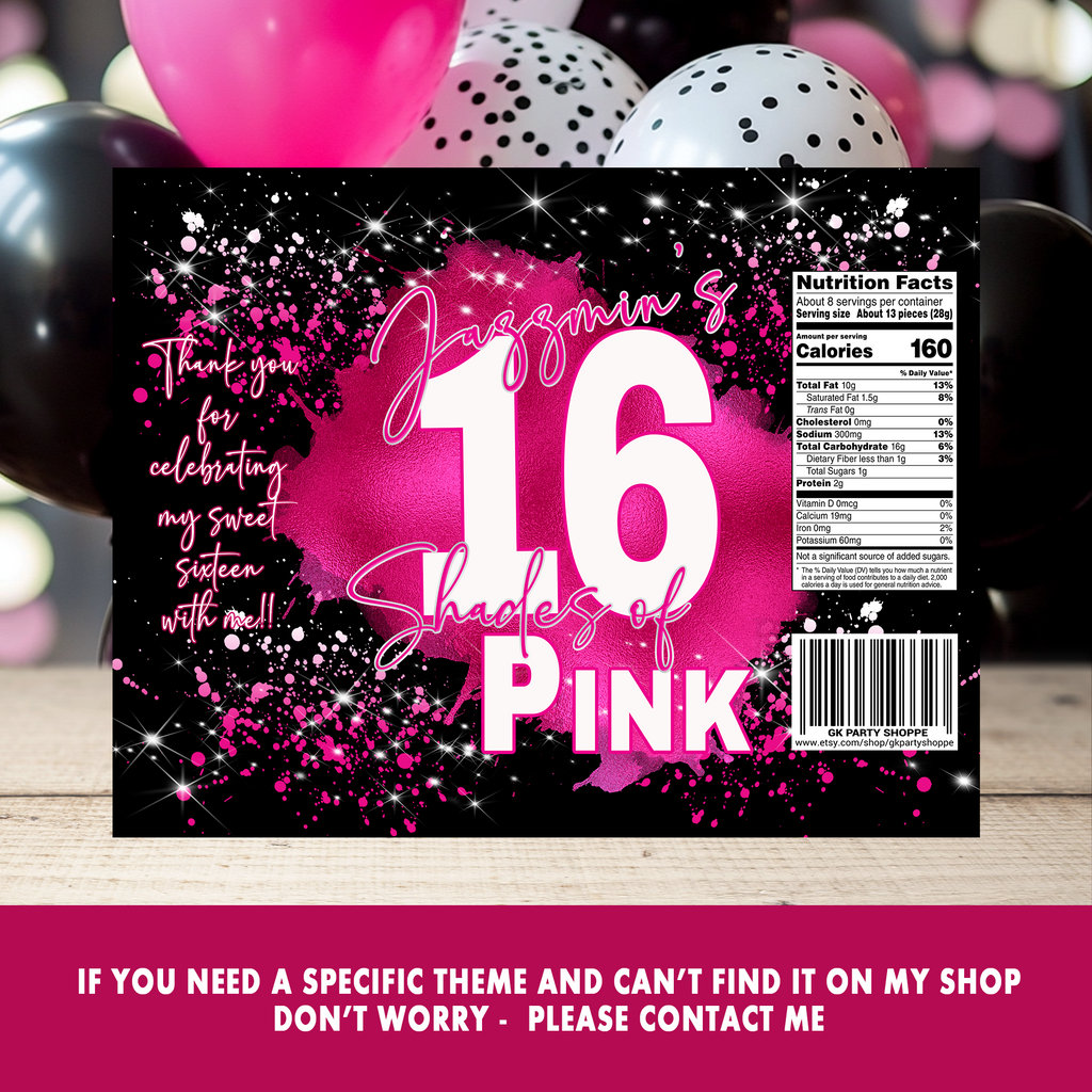 Pretty in Pink Sweet 16 Wrappers or Labels | Teen Birthday Party Favors | Personalized Digital Printable File